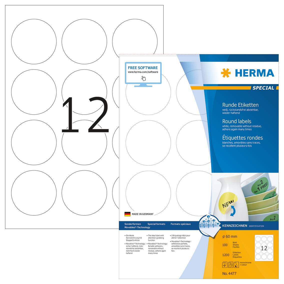 HERMA Special - Papier - matt - selbstklebend, entfernbarer Klebstoff - weiß - 60 mm rund 1200 Etikett(en) (100 Bogen x 12)