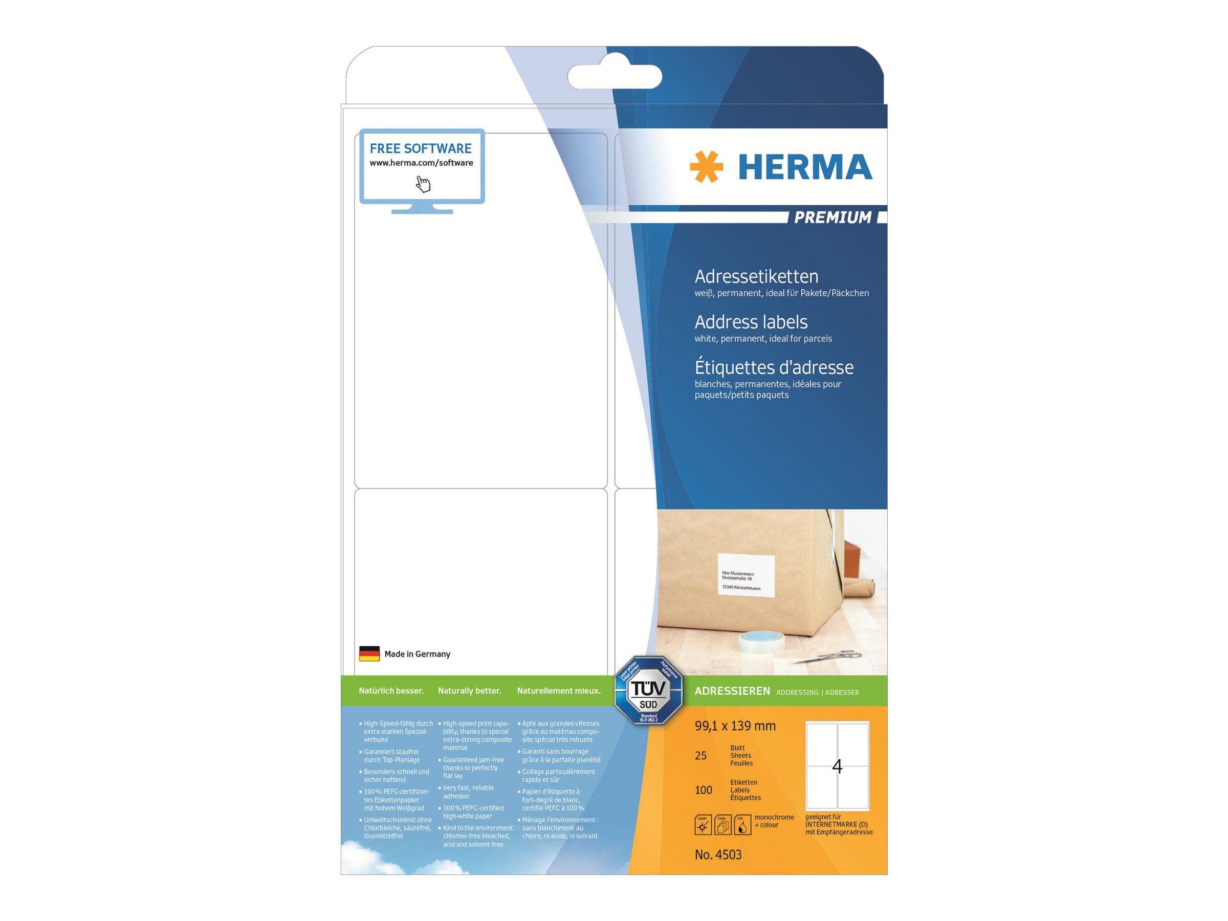 Paket HERMA Premium-Adressetiketten mit kostenlosem Softwarehinweis, zeigt leere weiße Selbstklebeblätter und Produktdetails für 100 Etiketten, 99,1 x 139 mm