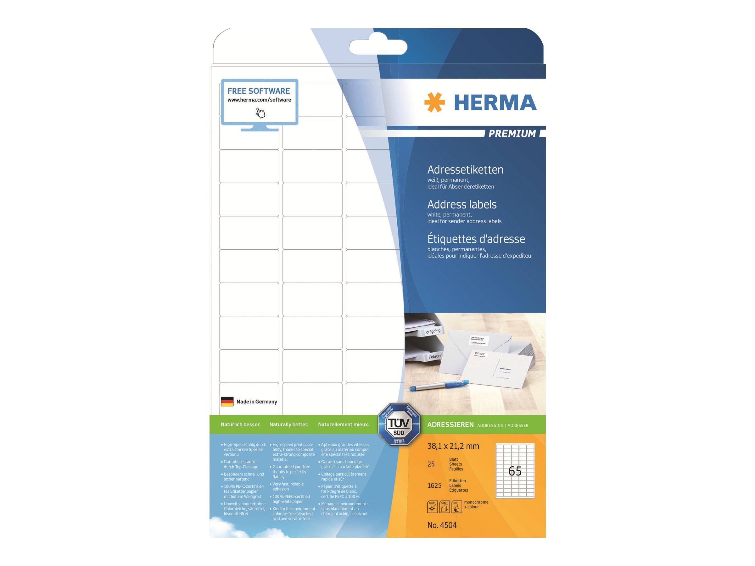 Verpackung für HERMA Premium-Adressetiketten mit kostenloser Software, zeigt leeres Etikettenblattes-Layout und Produktdetails für 69 Etiketten.