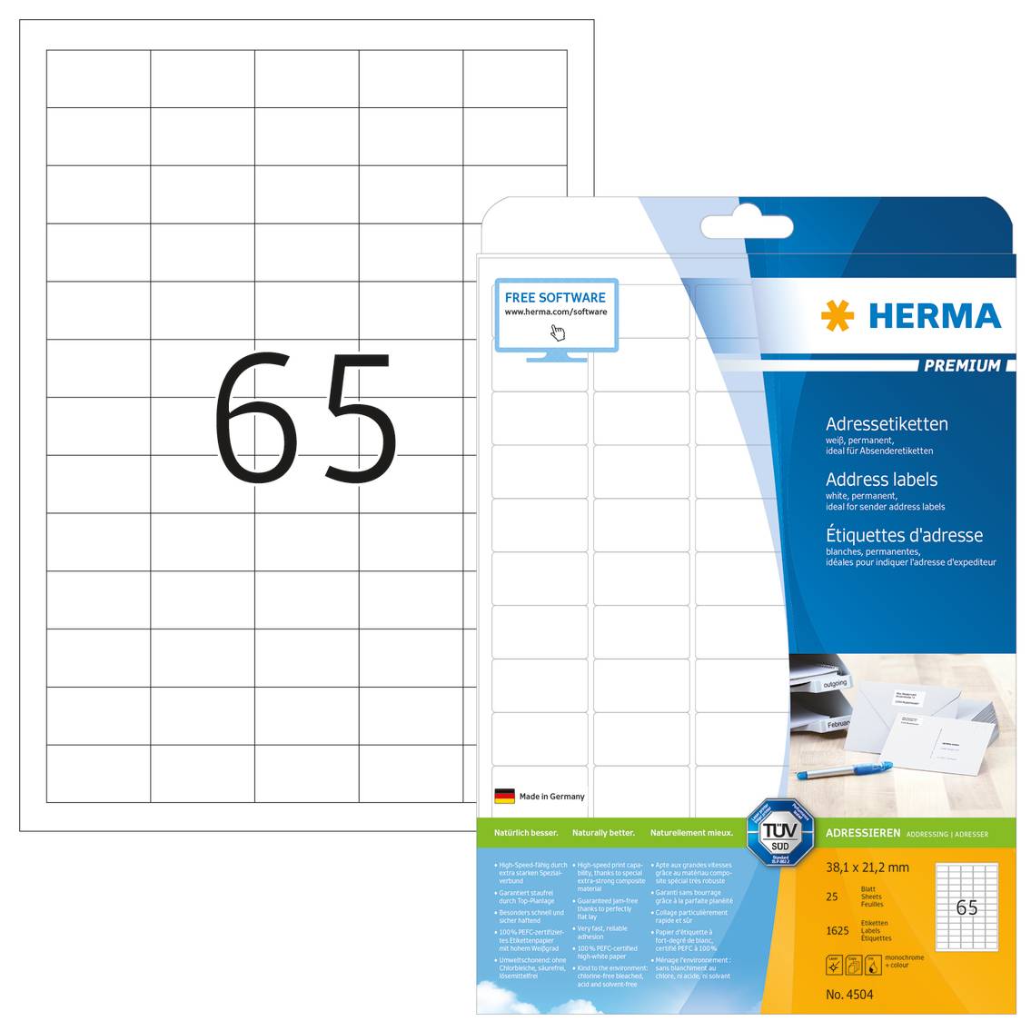 HERMA Premium - Papier - matt - permanent selbstklebend - High White - 38.1 x 21.2 mm 1625 Etikett(en) (25 Bogen x 65)