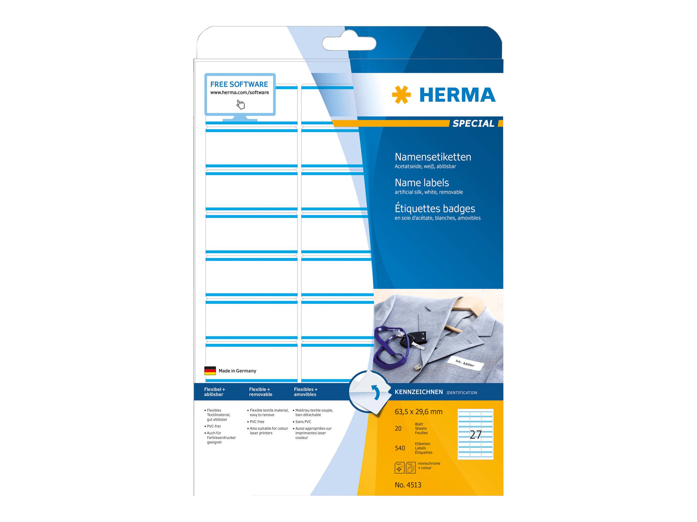 HERMA Special Name labels - Acetatseide - selbstklebend, entfernbarer Klebstoff - weiße/blaue Streifen - 63.5 x 29.6 mm 540 Etikett(en) (20 Bogen