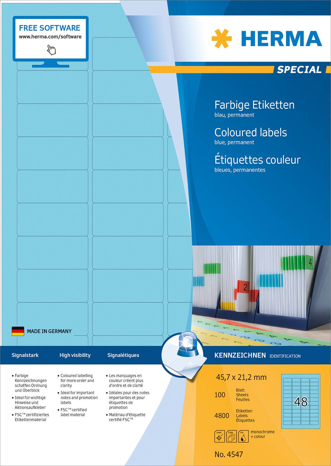 HERMA 4547, Blau, Rechteck, A4, Universal, Matte, Laser/Inkjet