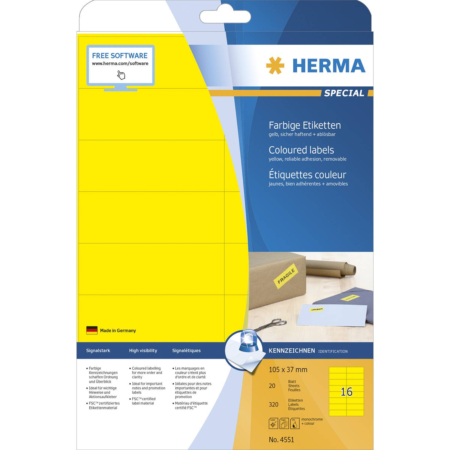 HERMA 4551, Gelb, Rechteck, A4, Universal, Matte, Laser/Inkjet