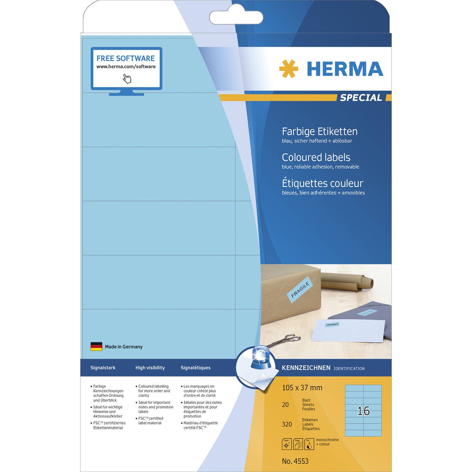 HERMA 4553, Blau, Rechteck, A4, Universal, Matte, Laser/Inkjet