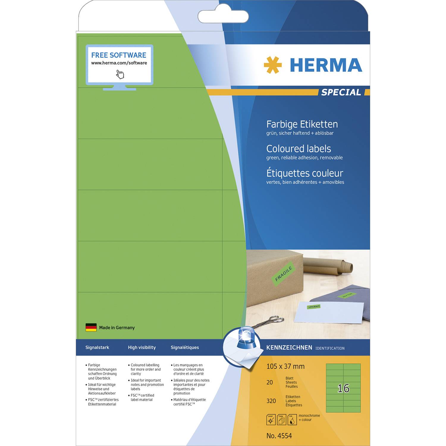 HERMA 4554, Grün, Rechteck, A4, Universal, Matte, Laser/Inkjet