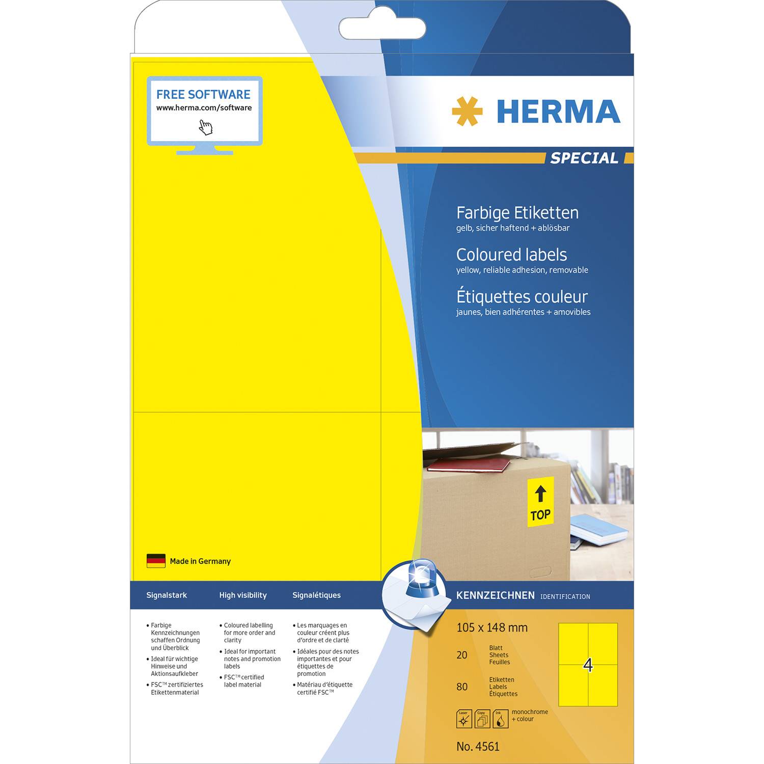 HERMA 4561, Gelb, Rechteck, A4, Universal, Matte, Laser/Inkjet