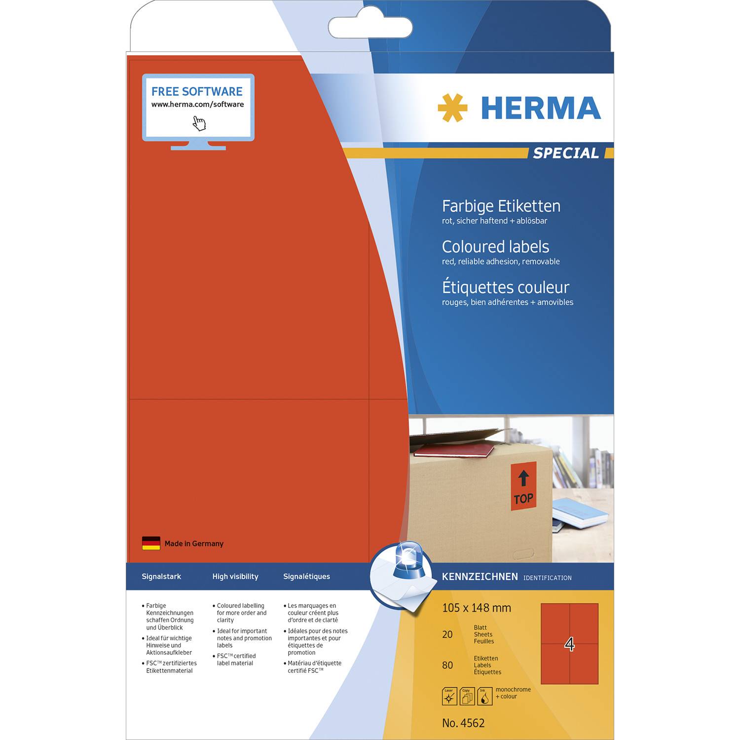 HERMA 4562, Rot, Rechteck, A4, Universal, Matte, Laser/Inkjet