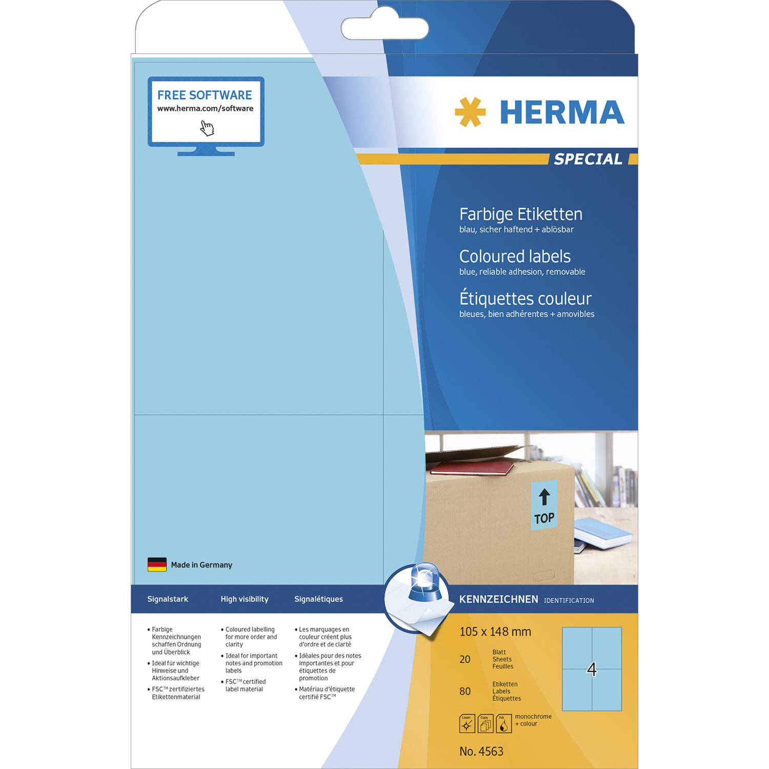 HERMA 4563, Blau, Rechteck, A4, Universal, Matte, Laser/Inkjet