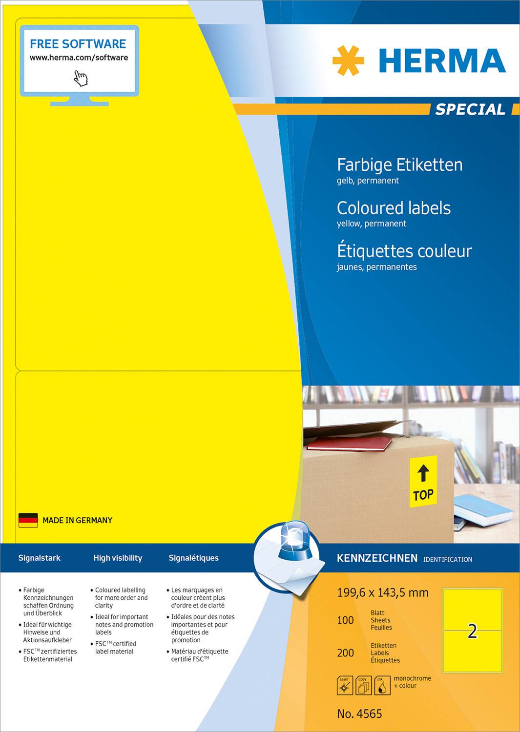 HERMA 4565, Gelb, Rechteck, A4, Universal, Matte, Laser/Inkjet