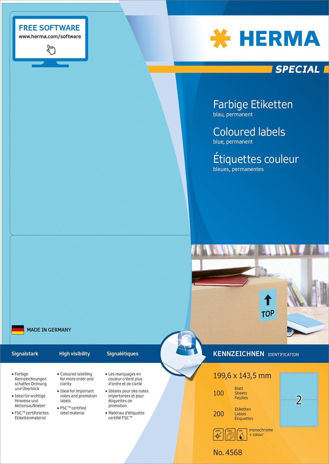 HERMA 4568, Blau, Rechteck, A4, Universal, Matte, Laser/Inkjet
