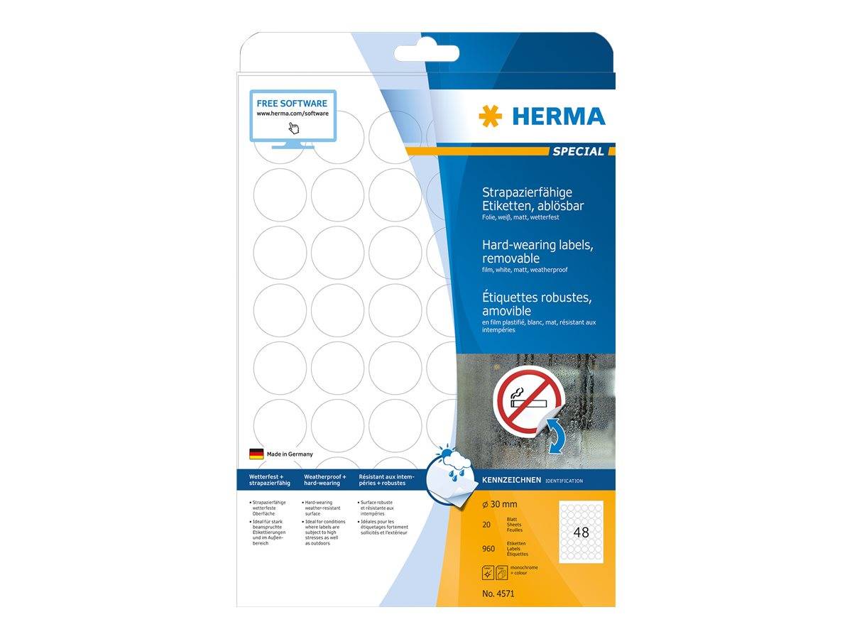 Paket mit HERMA Spezial abnehmbaren strapazierfähigen runden Etiketten, zeigt leere Etikettenblätter, 'FREE SOFTWARE'-Symbol, 48 Etiketten und mehrsprachige Produktdetails.