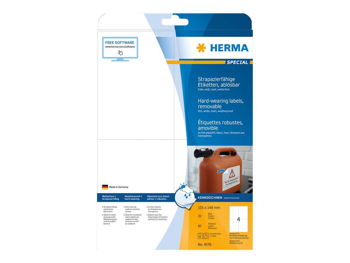 Paket mit HERMA Special abnehmbaren langlebigen Etiketten, mit Produktdetails und einer Etikettengröße von 20 x 148 mm auf der Vorderseite dargestellt.