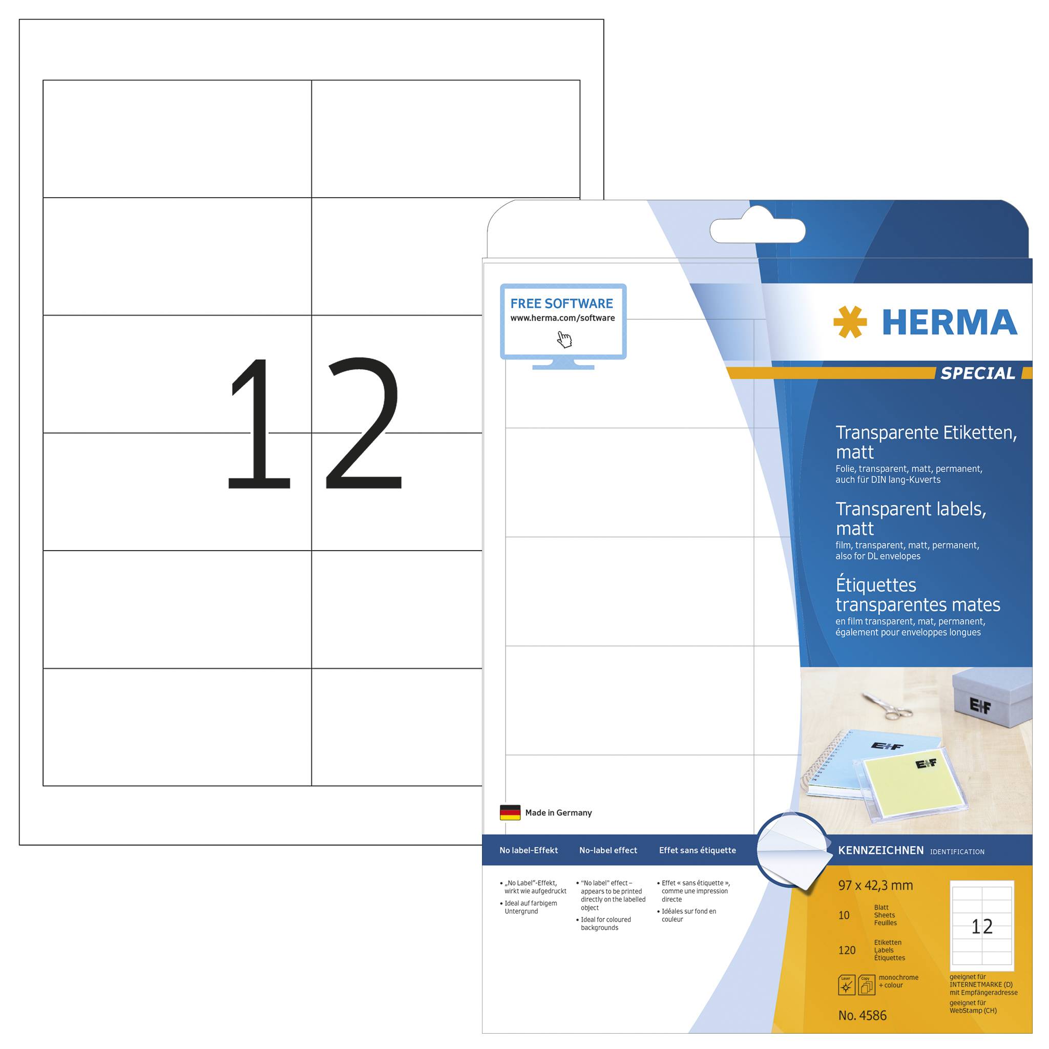 HERMA 4586, Transparent, Abgerundetes Rechteck, Dauerhaft, A4, Universal, Polyester