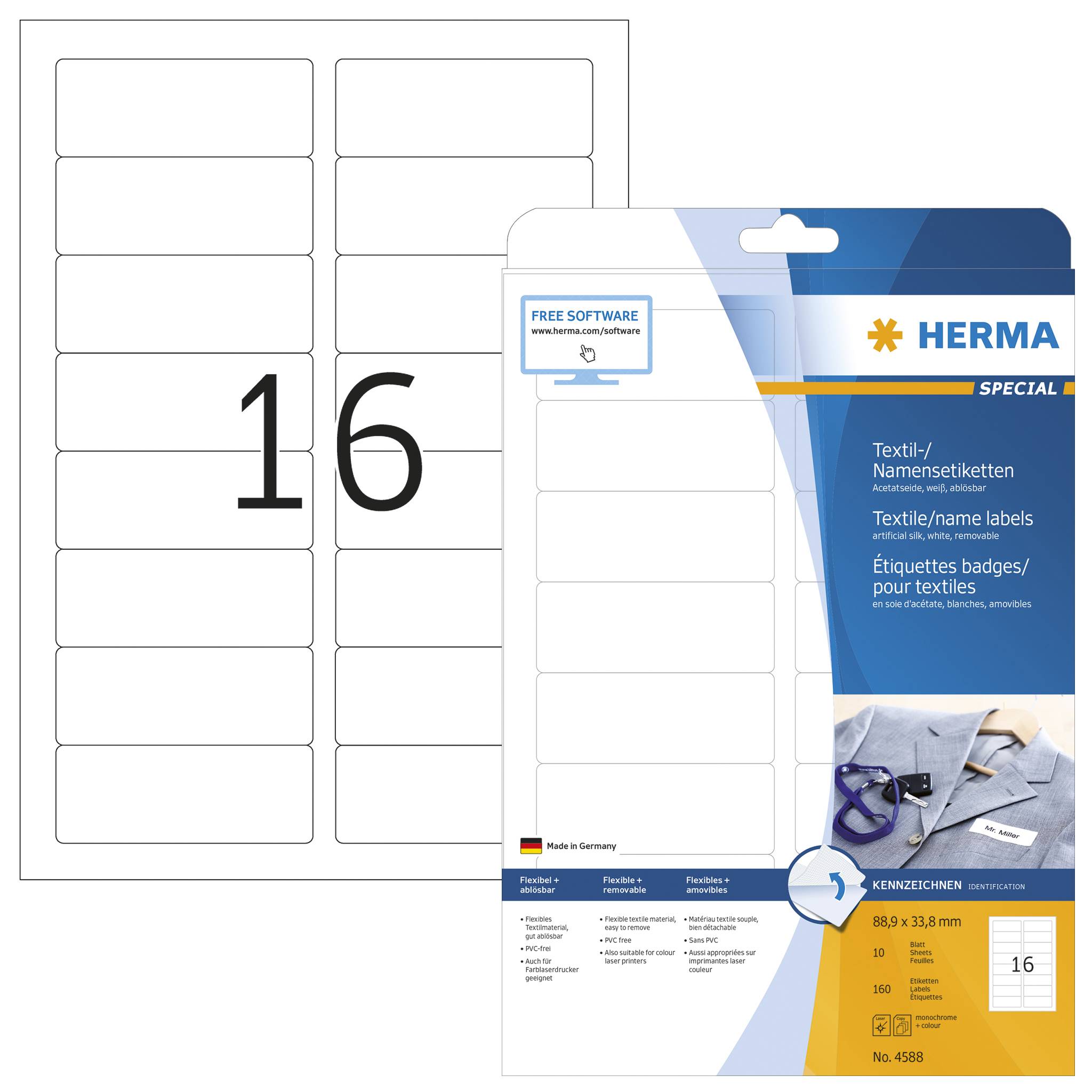 HERMA 4588, Weiß, Abgerundetes Rechteck, Entfernbar, A4, Universal, Seide