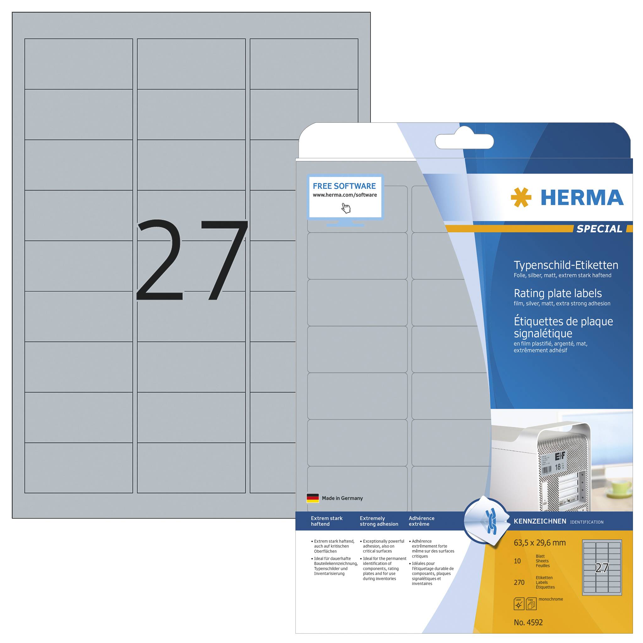 HERMA 4592, Silber, Abgerundetes Rechteck, Universal, Polyester, Matte, Laser