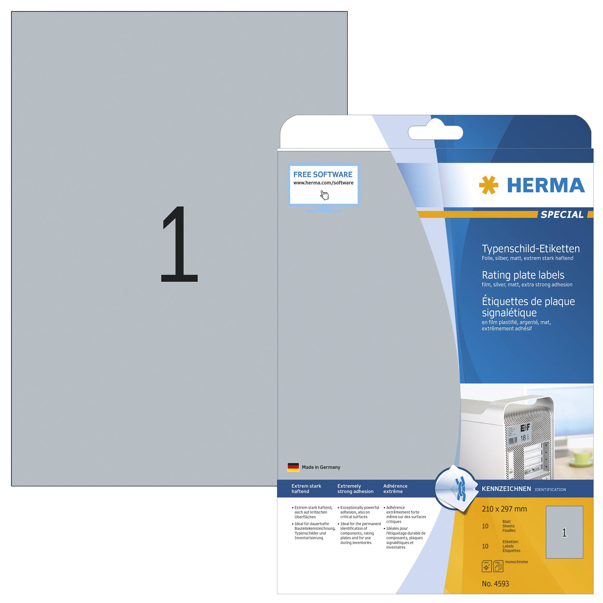 HERMA 4593, Silber, Rechteck, A4, Universal, Polyester, Matte
