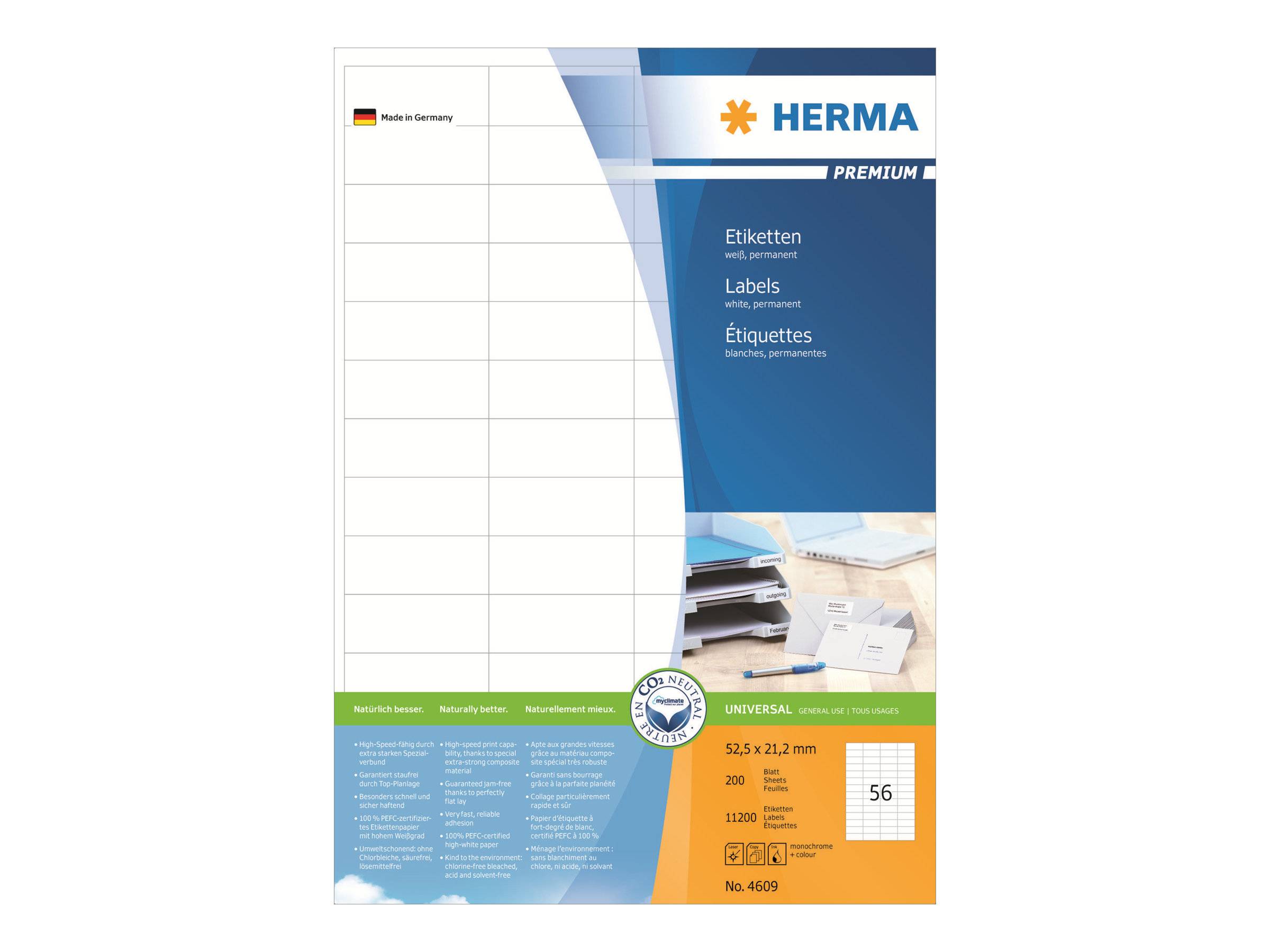 Paket mit HERMA Premium Universal Weißetiketten, zeigt Blatteinteilung, 525 Etiketten und Produktnummer 4609.
