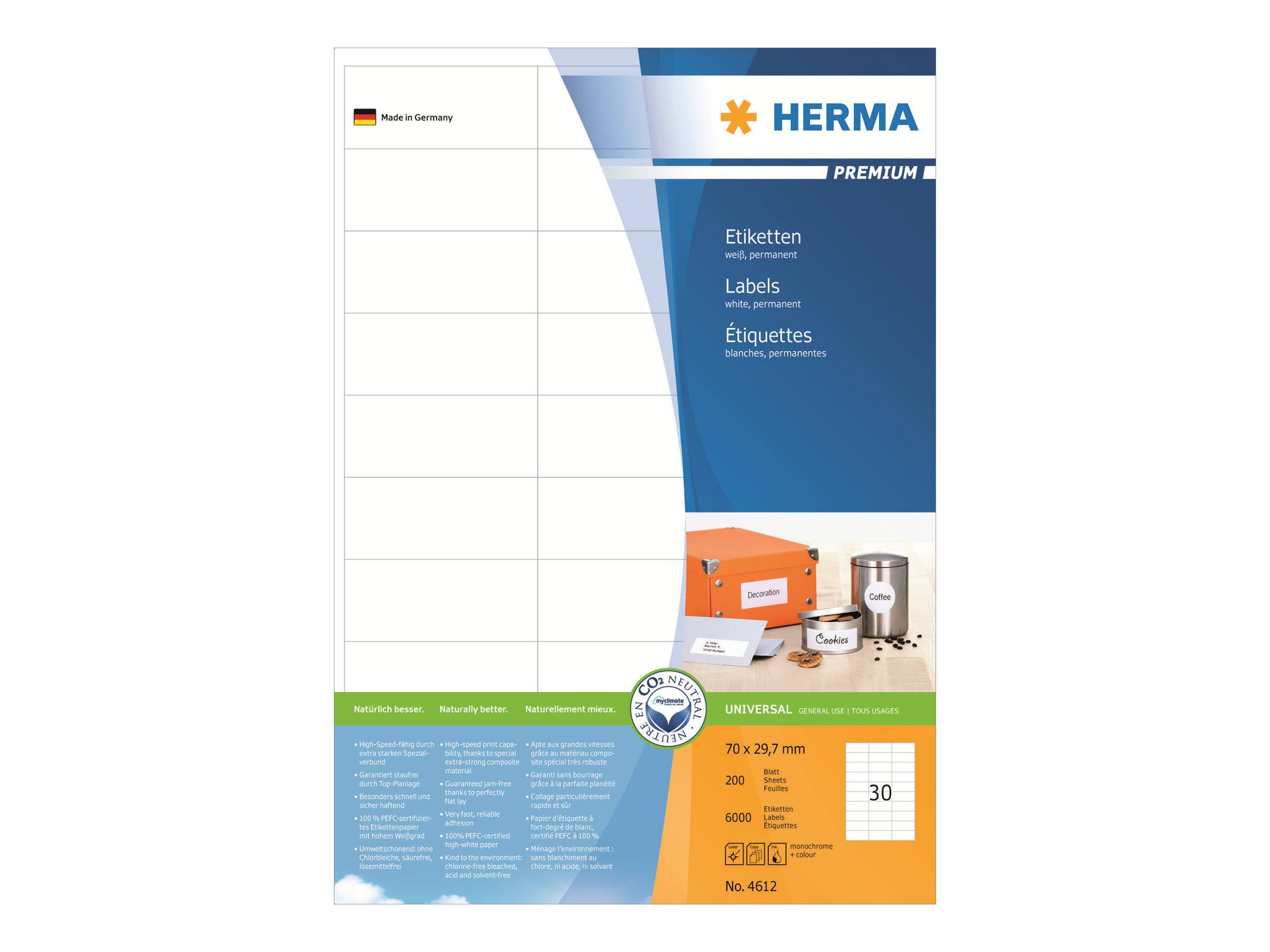 Verpackung für HERMA Premium universal Etiketten, mit einer Vorschau des leeren Etikettenblatts und Produktdetails für 70 x 29,7 mm Etiketten, 30 pro Blatt.