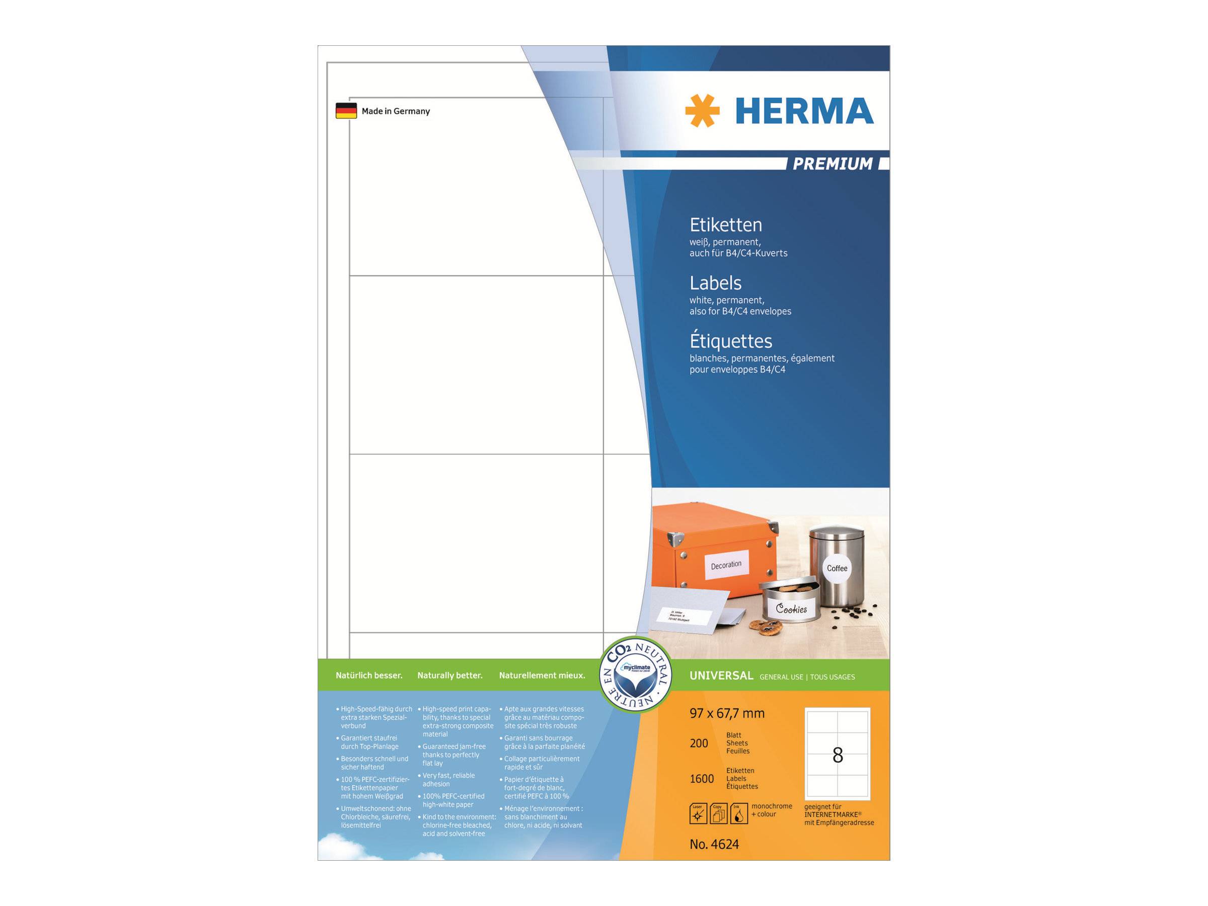 Packung HERMA Premium-Etikettierblätter, mit weißen blanko Etiketten auf A4-Blättern und Produktdetails für Universal-Etiketten, 97 x 67 mm, 8 pro Blatt.