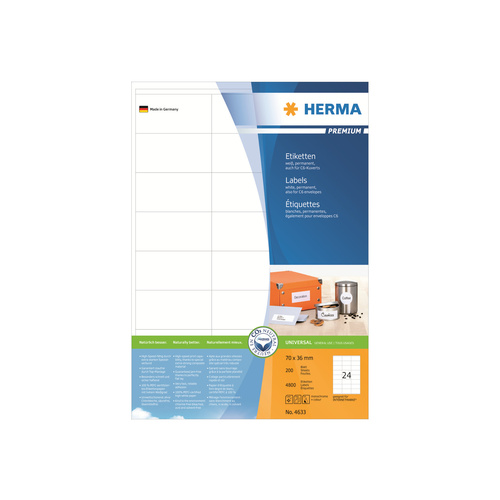 HERMA Premium - Papier - matt - permanent selbstklebend - weiß - 70 x 36 mm 4800 Etikett(en) (200 Bogen x 24)