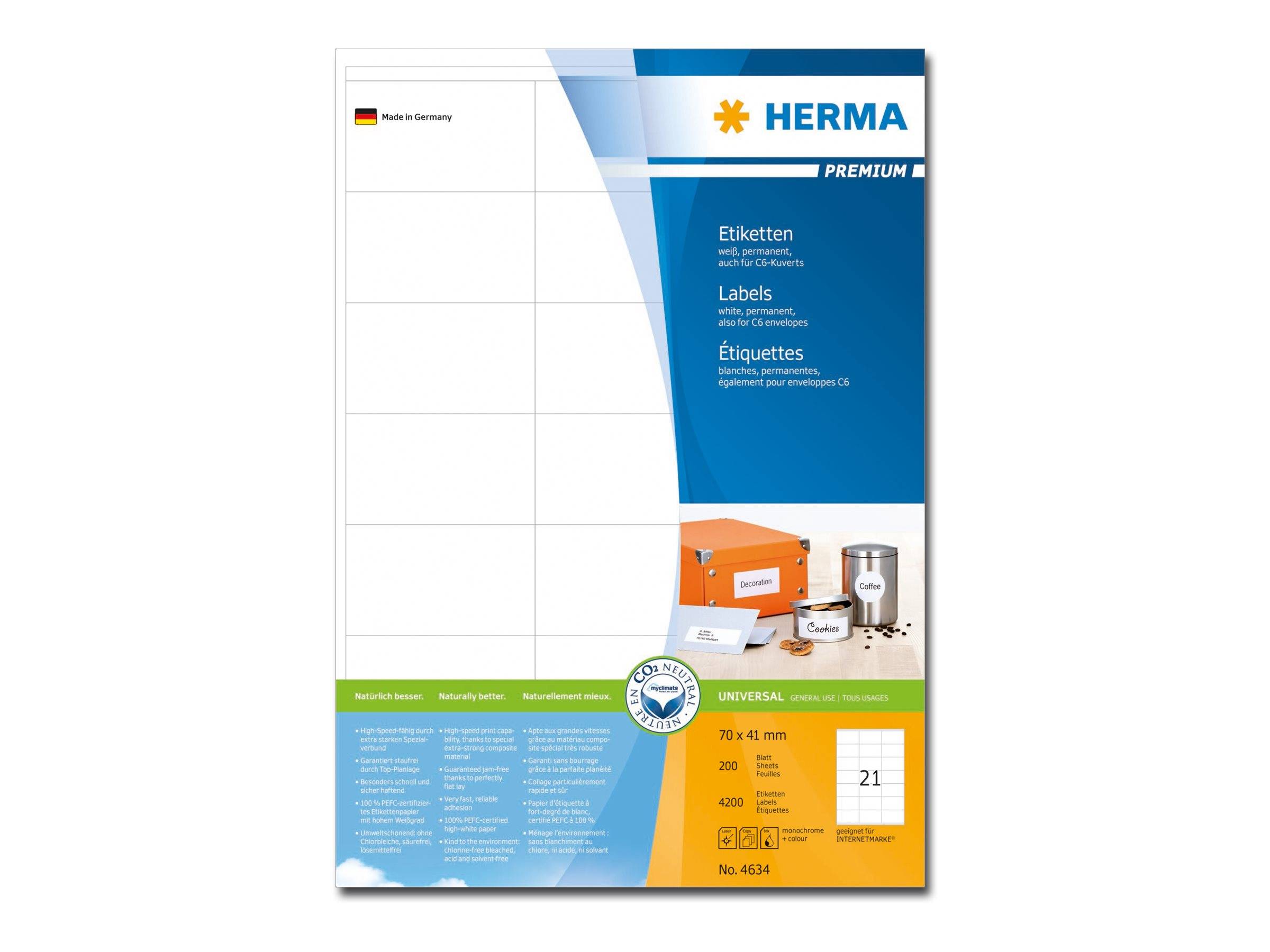 HERMA Premium - Papier - matt - permanent selbstklebend - weiß - 70 x 41 mm 4200 Etikett(en) (200 Bogen x 21)