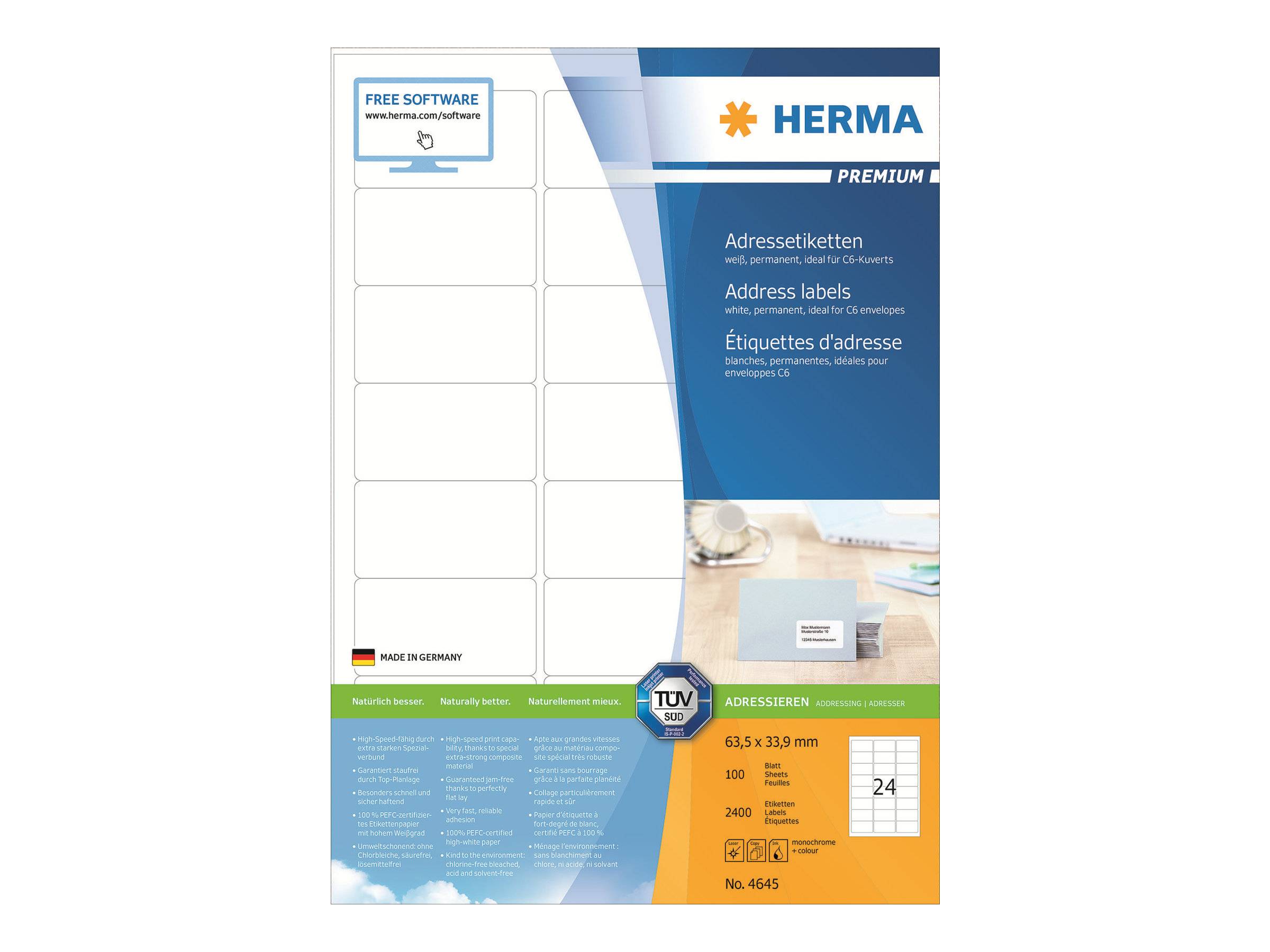 HERMA Premium - Papier - matt - permanent selbstklebend - weiß - 63.5 x 33.9 mm 2400 Etikett(en) (100 Bogen x 24)