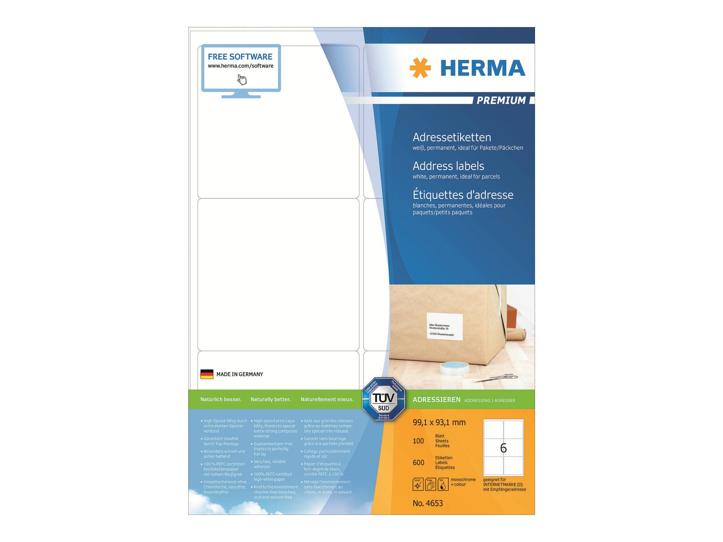 HERMA Premium - Papier - matt - permanent selbstklebend - weiß - 93.1 x 99.1 mm 600 Etikett(en) (100 Bogen x 6)