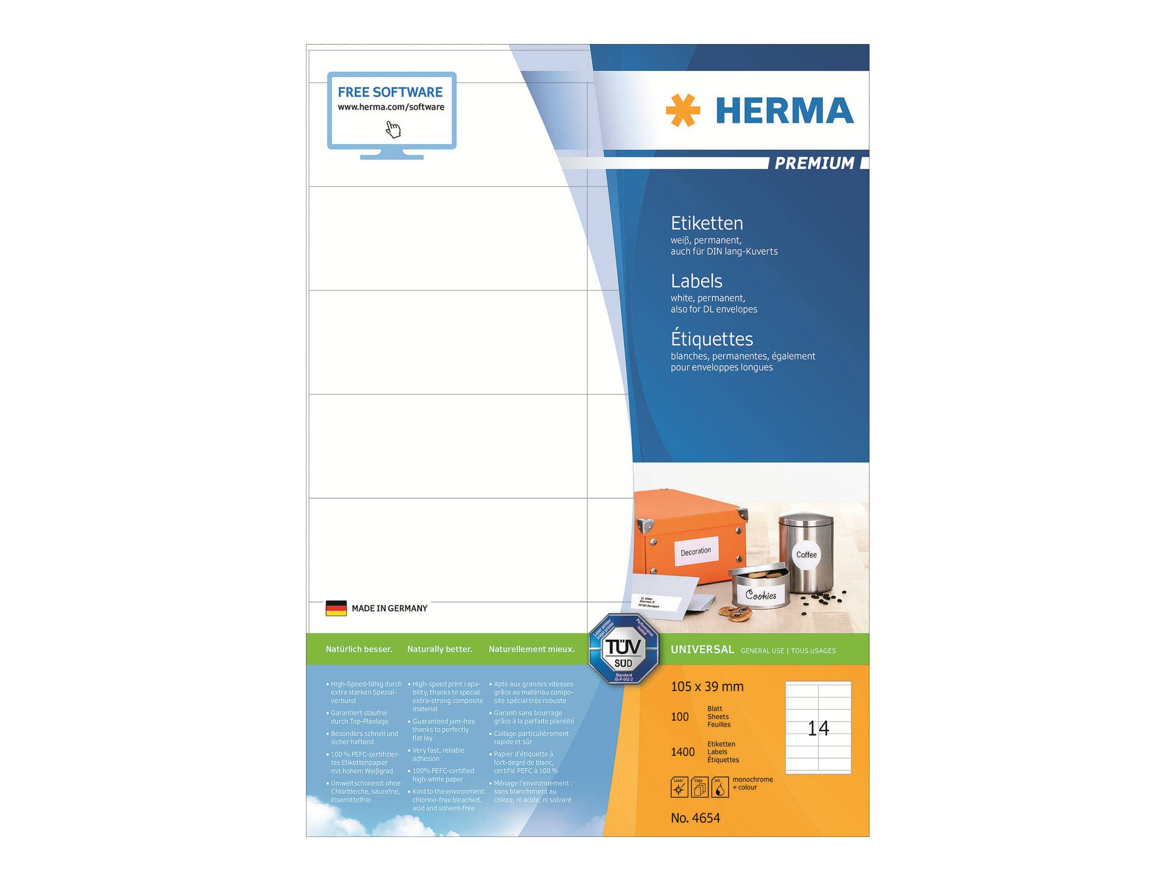 HERMA Premium - Papier - matt - permanent selbstklebend - weiß - 105 x 39 mm 1400 Etikett(en) (100 Bogen x 14)