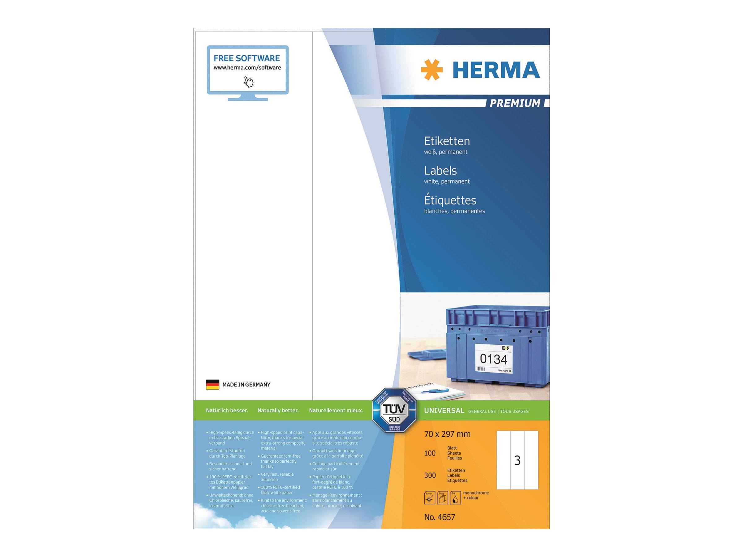 HERMA Premium - Papier - matt - permanent selbstklebend - weiß - 70 x 297 mm 300 Etikett(en) (100 Bogen x 3)
