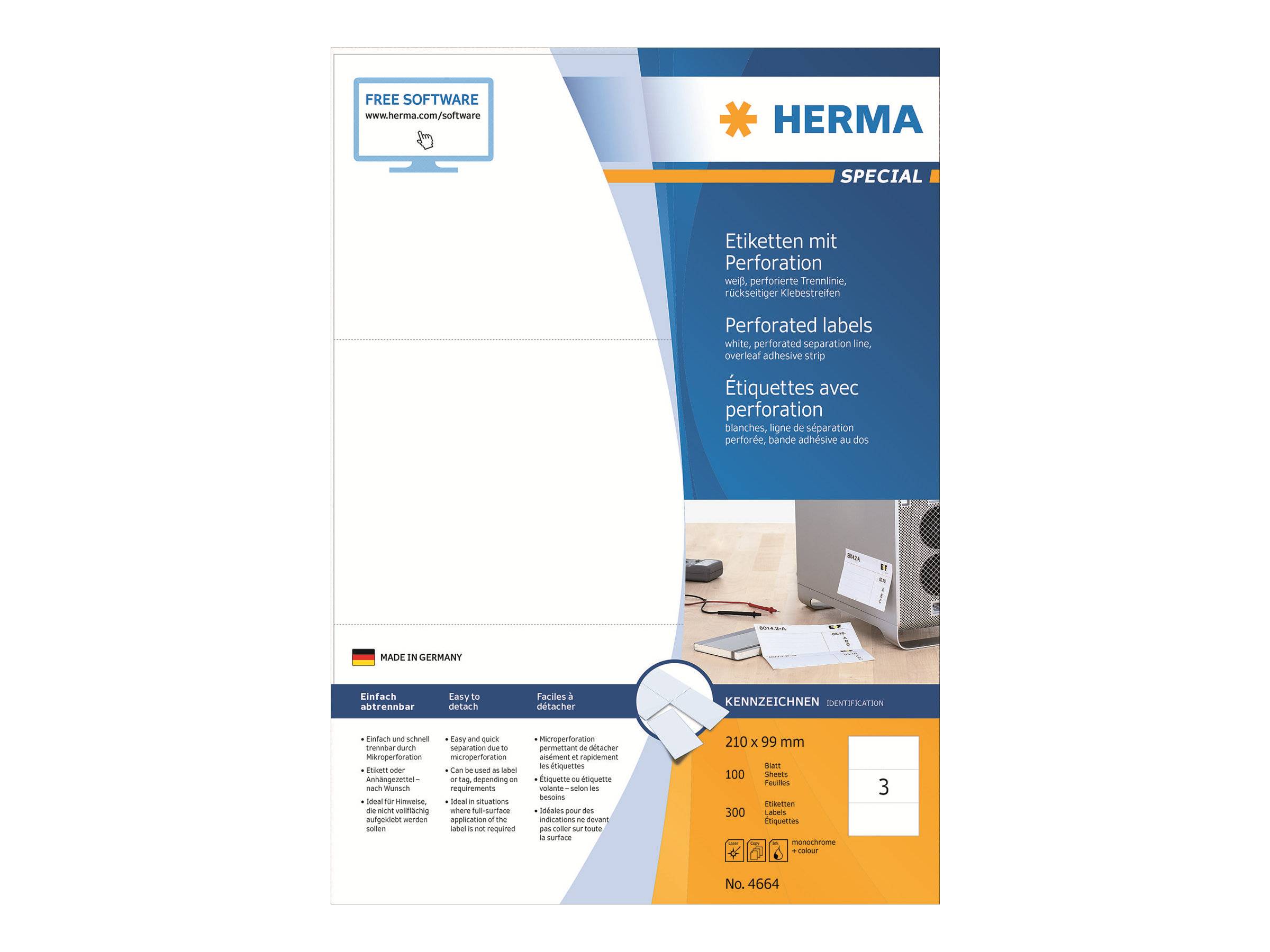 HERMA Special - Papier - matt - permanent selbstklebend - perforiert - weiß - 210 x 99 mm 300 Etikett(en) (100 Bogen x 3