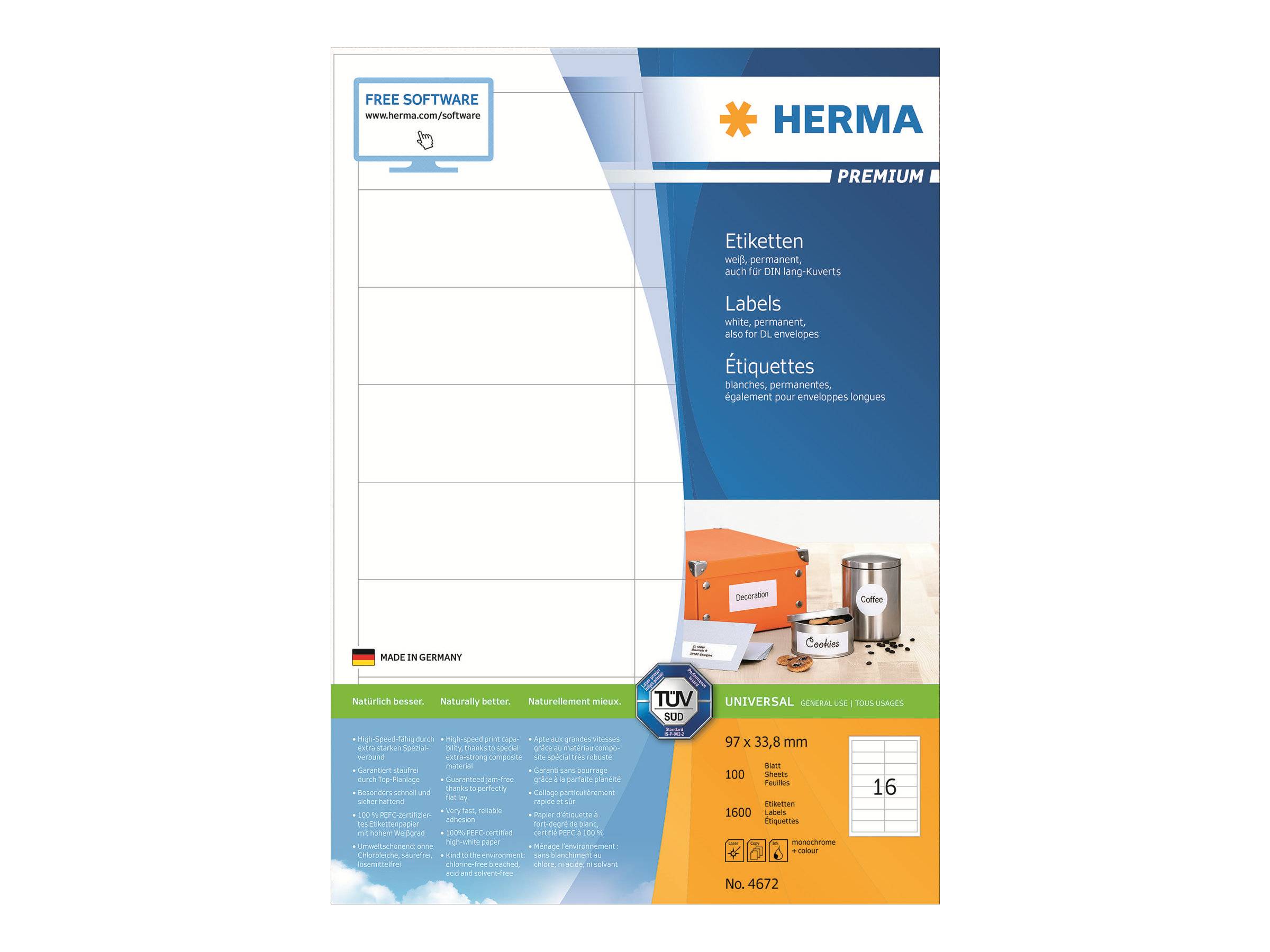 HERMA Premium - Papier - matt - permanent selbstklebend - weiß - 97 x 33.8 mm 1600 Etikett(en) (100 Bogen x 16)