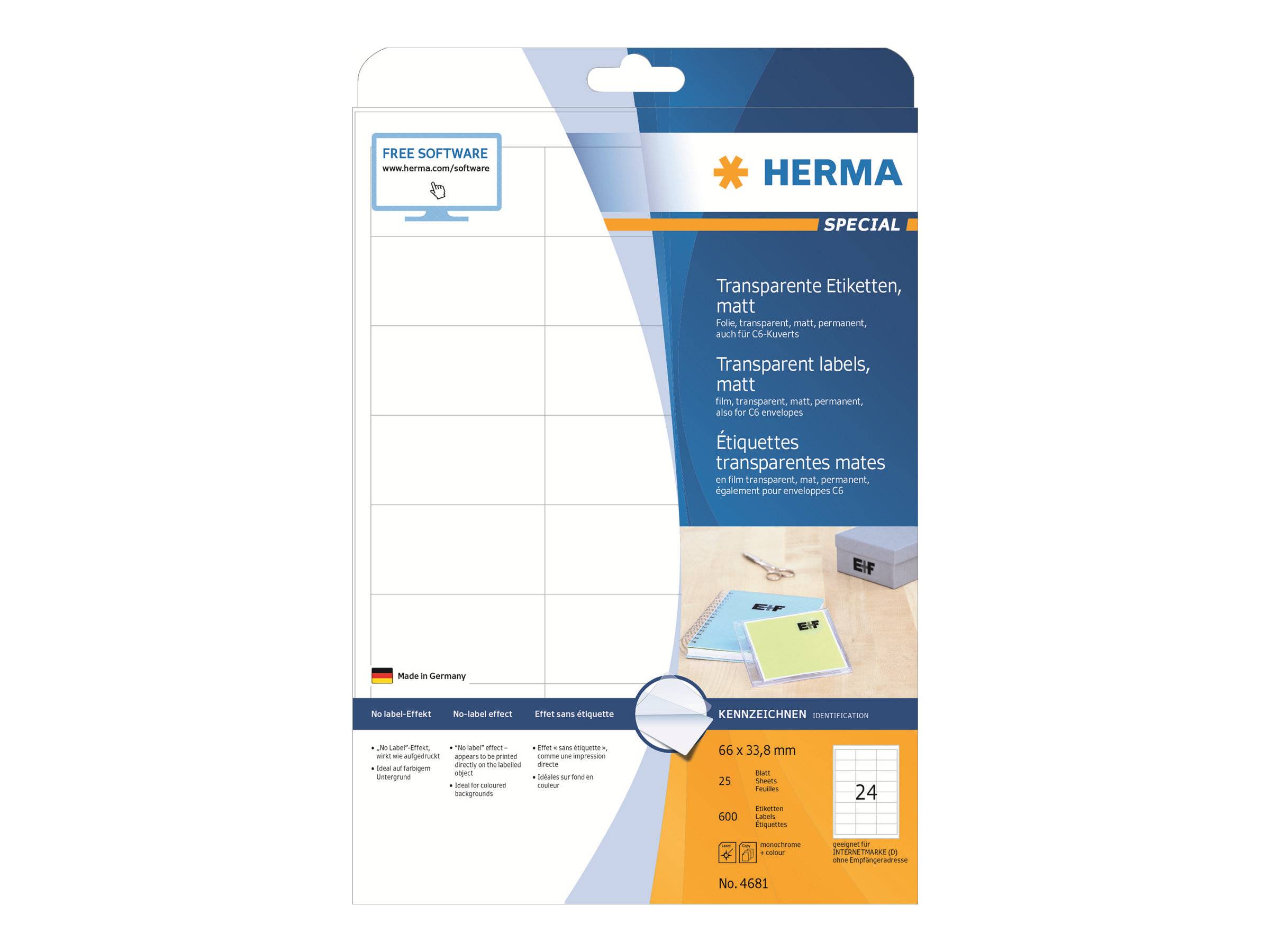 Packung HERMA Spezial-Transparentetiketten matt, mit einem leeren Etikettenbogen, „Kostenlose Software