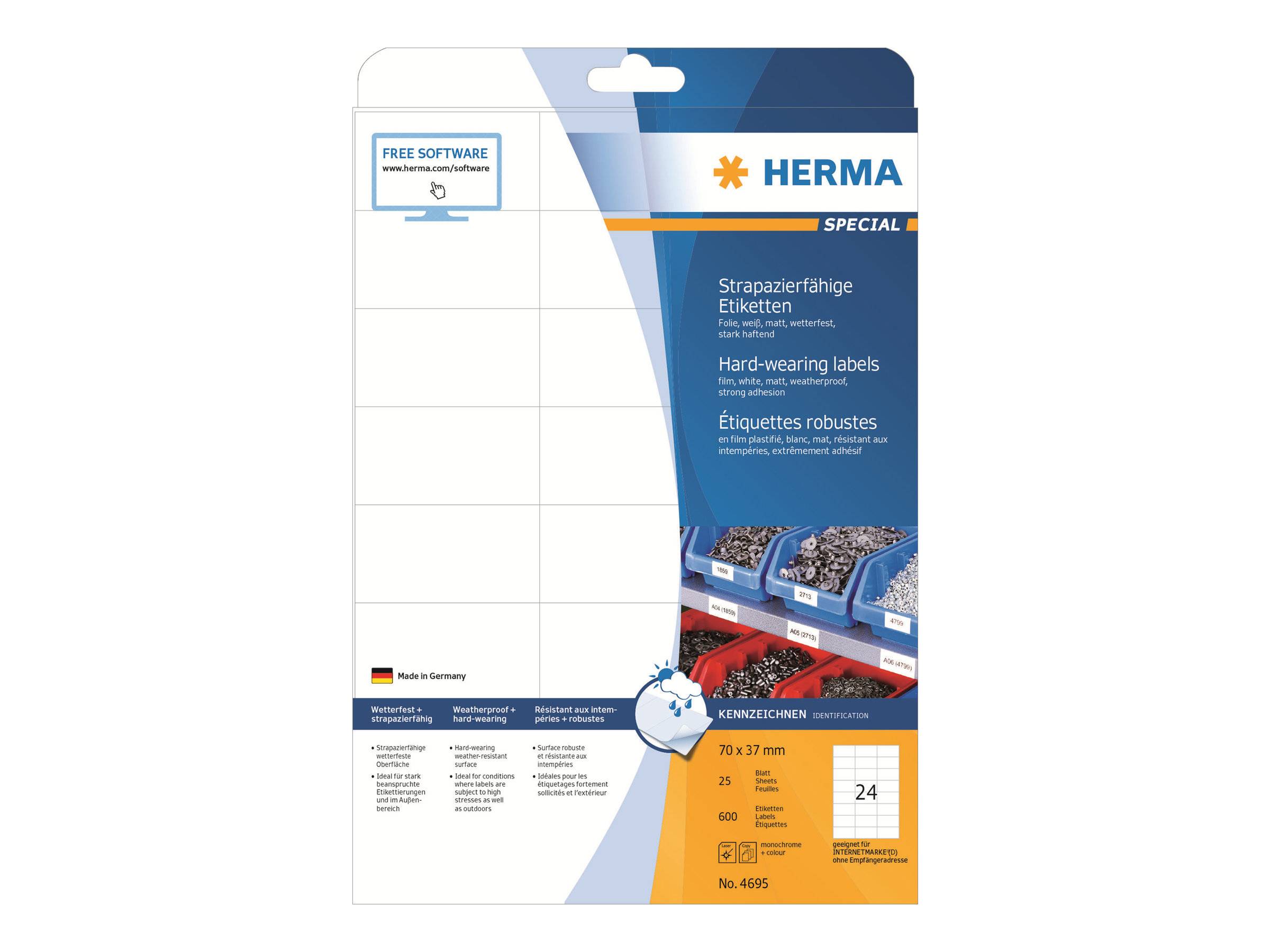 Verpackung für HERMA Spezial strapazierfähige Etiketten mit Vorschau des leeren Etikettenblatts, mehrsprachigem Produkttext und Hinweis „KOSTENLOSE SOFTWARE