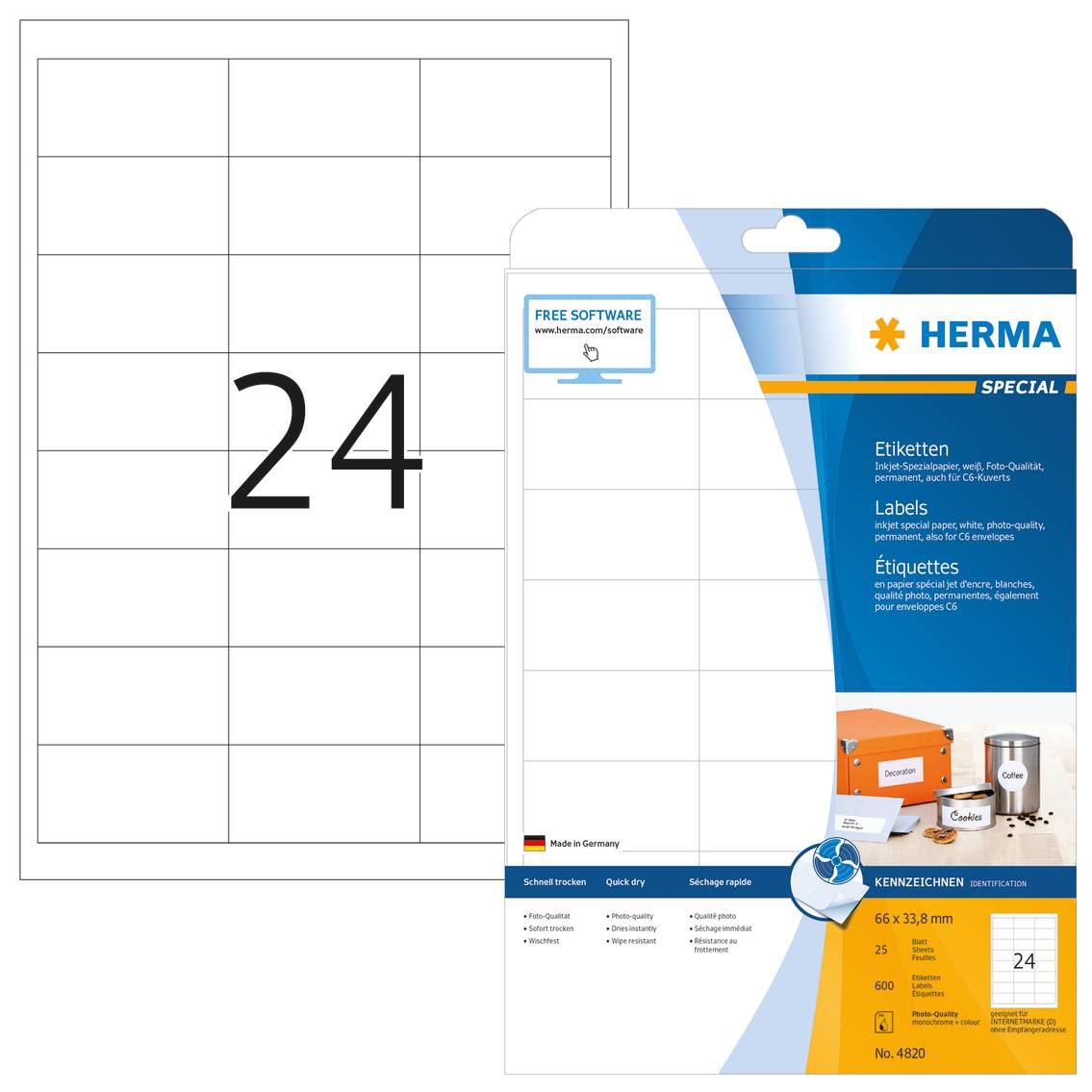 HERMA Special - Papier - matt - permanent selbstklebend - beschichtet - weiß - 66 x 33.8 mm - 90 g/m² - 600 Etikett(en) (25 Bogen x 24)