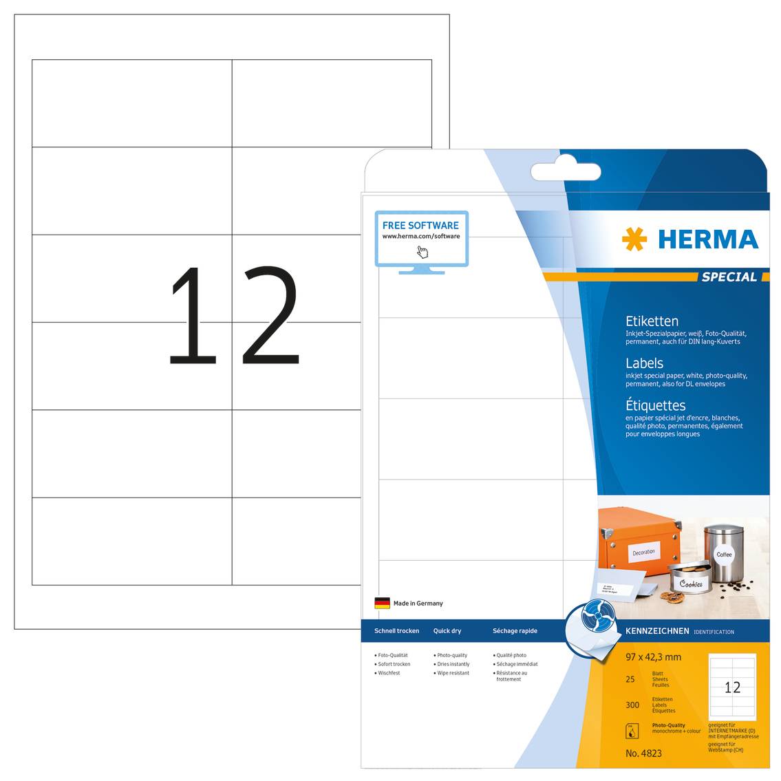 HERMA Special - Papier - matt - permanent selbstklebend - beschichtet - weiß - 97 x 42.3 mm - 90 g/m² - 300 Etikett(en) (25 Bogen x 12)