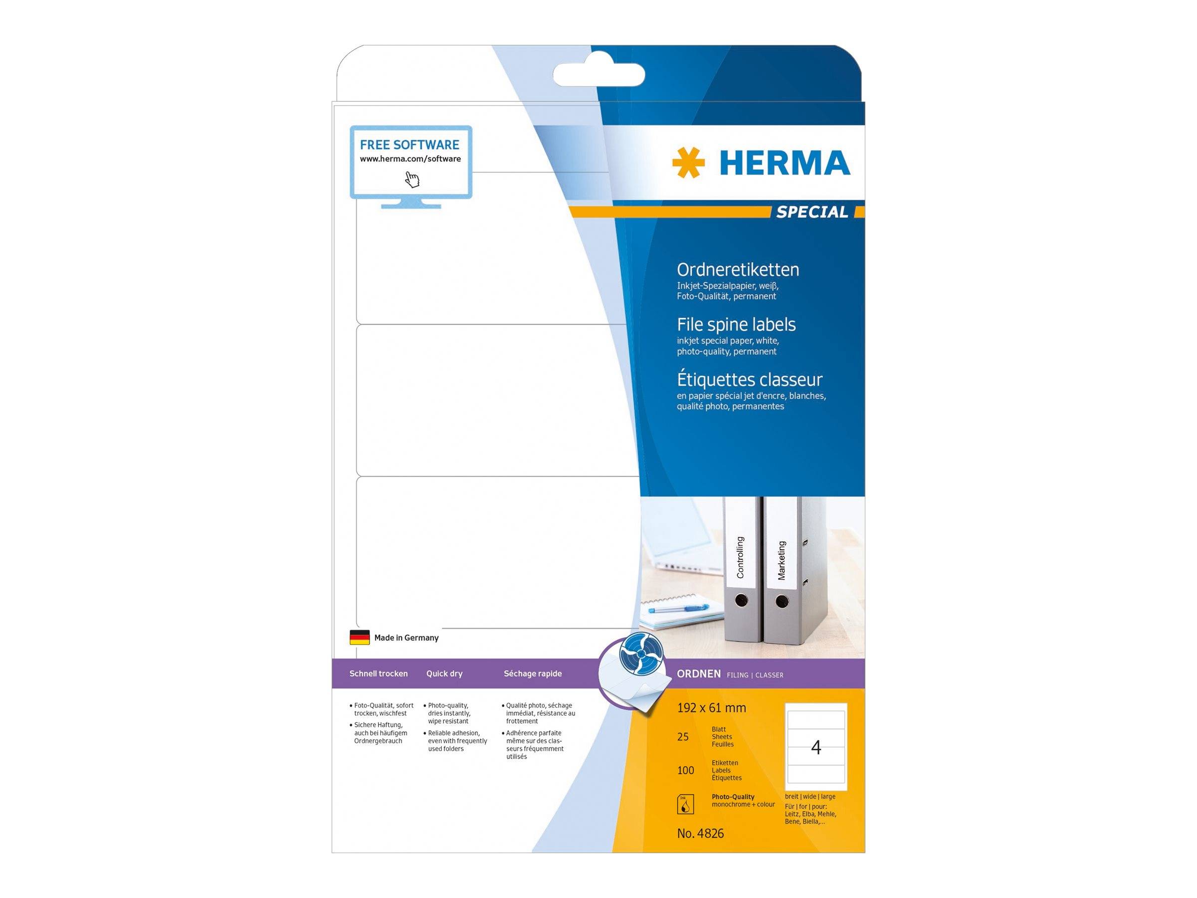 Paket mit HERMA Spezial-Rückenschildern, zeigt leere weiße Etiketten, 'Kostenlose Software' und Produktdetails zur Organisation von Ordnern.