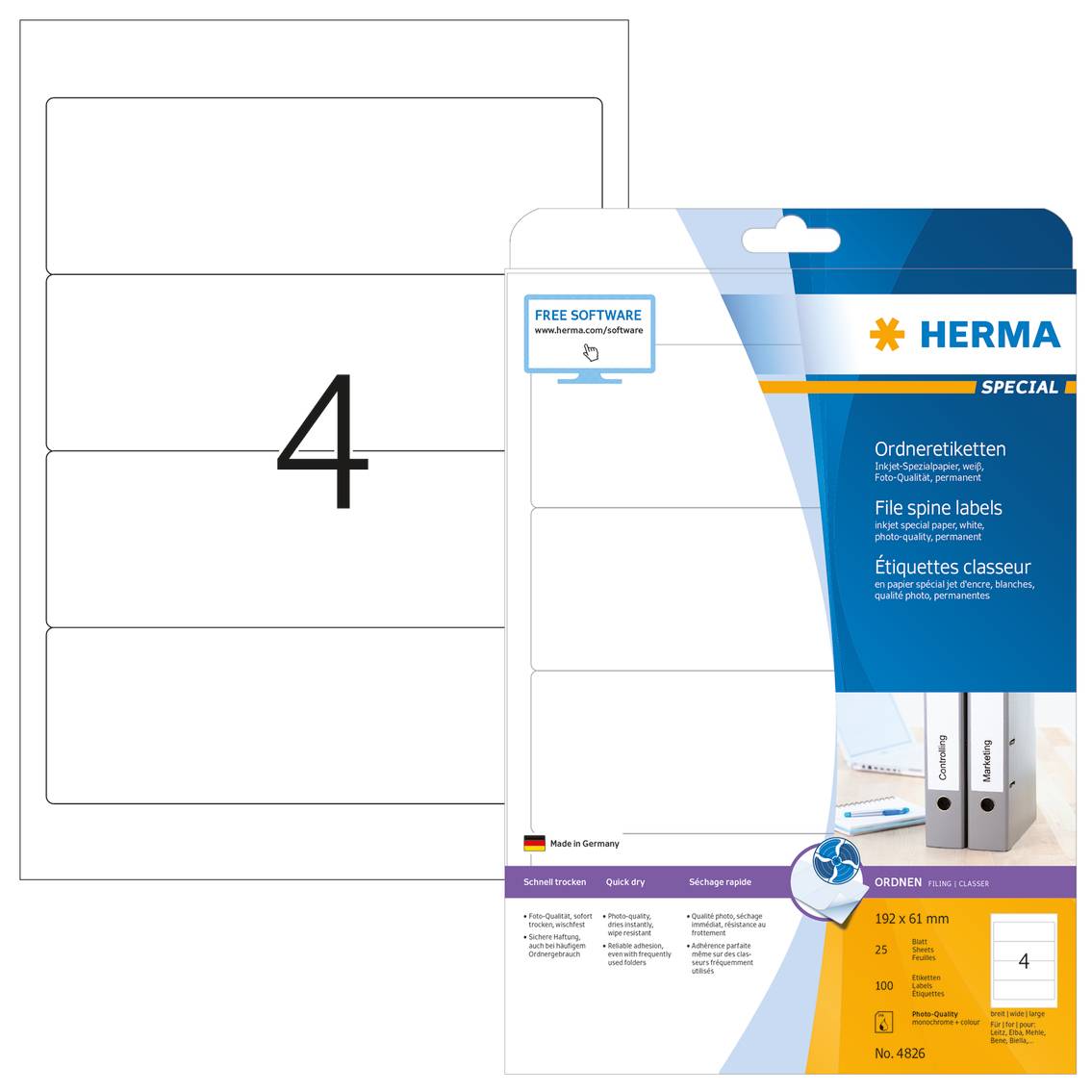 HERMA Special - Papier - matt - permanent selbstklebend - beschichtet - weiß - 192 x 61 mm - 90 g/m² - 100 Etikett(en) (