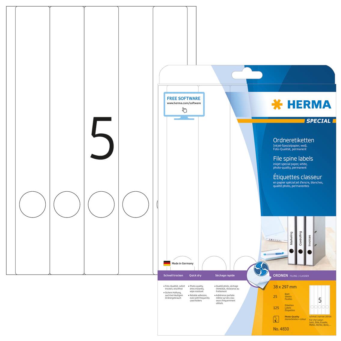 HERMA Special - Papier - matt - permanent selbstklebend - beschichtet - weiß - 38 x 297 mm - 90 g/m² - 125 Etikett(en) (25 Bogen x 5)