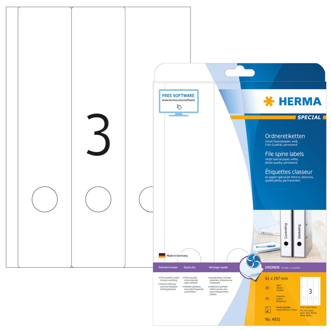 HERMA Special - Papier - matt - permanent selbstklebend - beschichtet - weiß - 61 x 297 mm - 90 g/m² - 75 Etikett(en) (25 Bogen x 3)