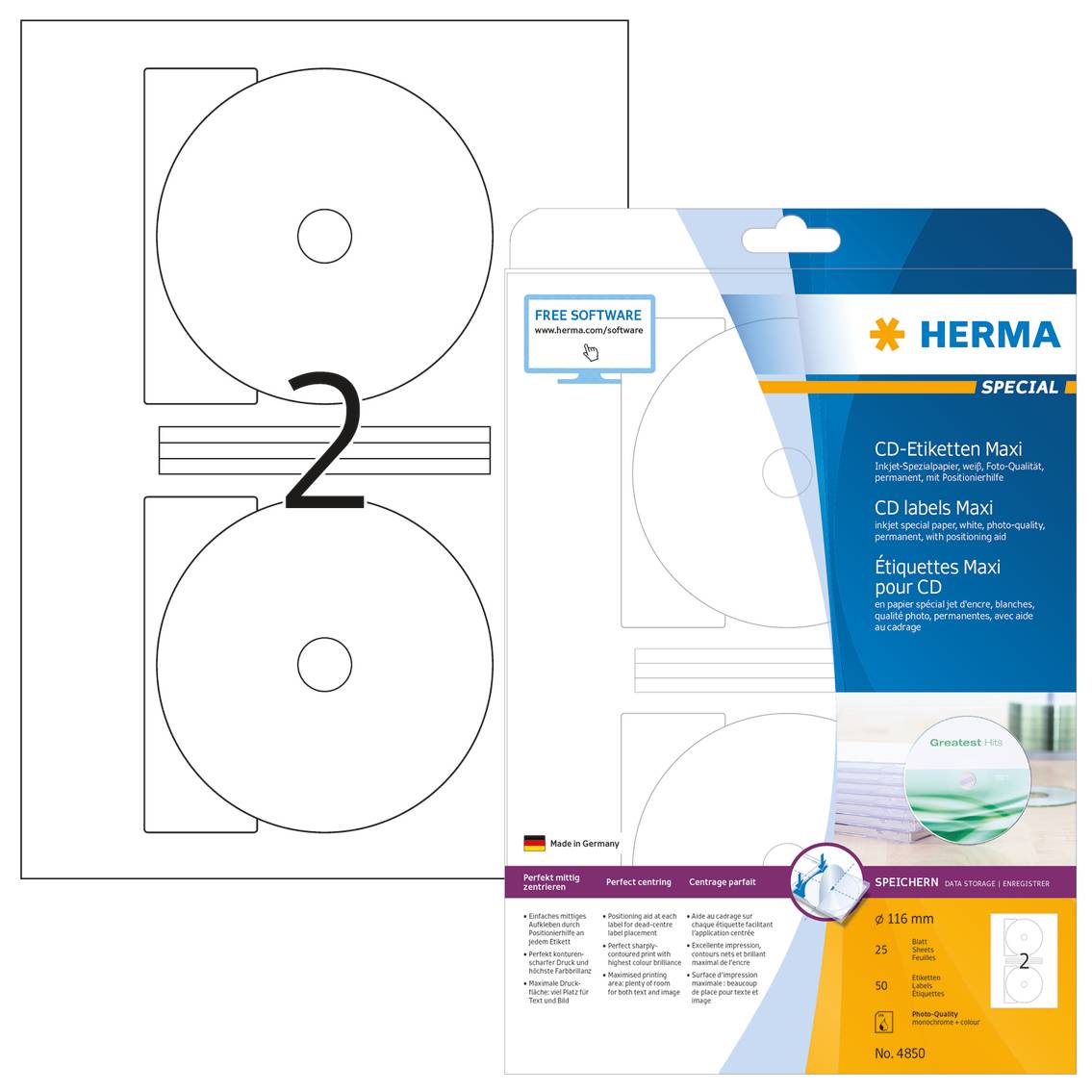 HERMA Special Maxi - Papier - matt - permanent selbstklebend - beschichtet - weiß - 116 mm rund - 90 g/m² - 50 Etikett(en) (25 Bogen x 2)