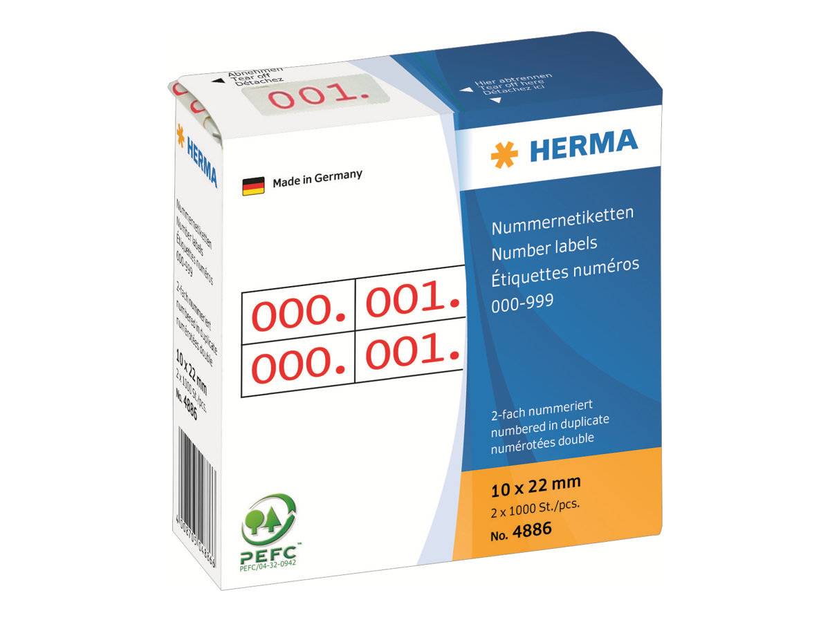 Schachtel mit nummerierten HERMA-Etiketten, zeigt rote Etiketten 000 und 001, 10 x 22 mm, 2 x 100 Blatt, hergestellt in Deutschland.