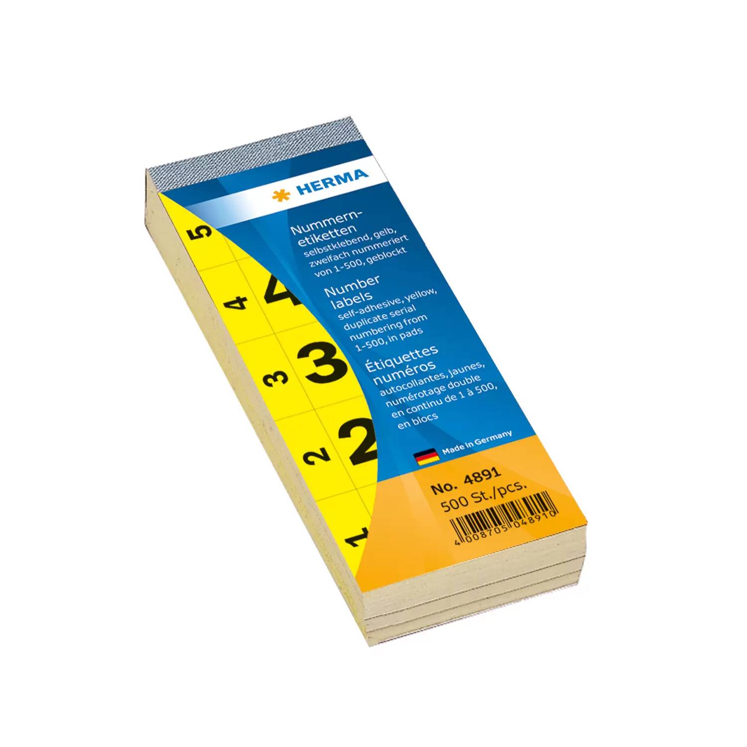 Stapel HERMA nummerierter Klebeetiketten, gelbes und blaues Paket mit Kennzeichnung Nr. 4891, 500 Etiketten pro Packung.