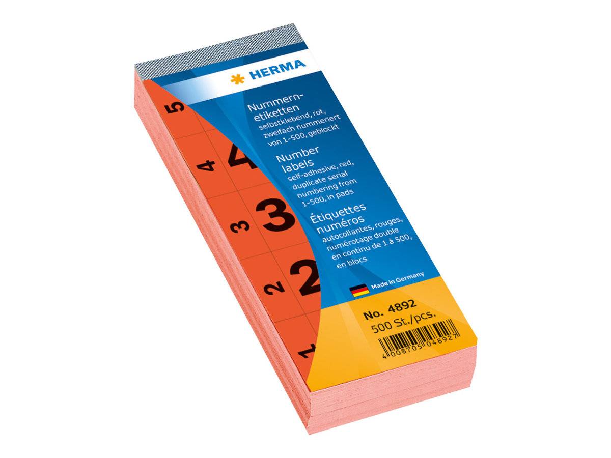 Packung mit HERMA Nummern-Etiketten, Größe 1–500, mit blauer und orangefarbener Verpackung.