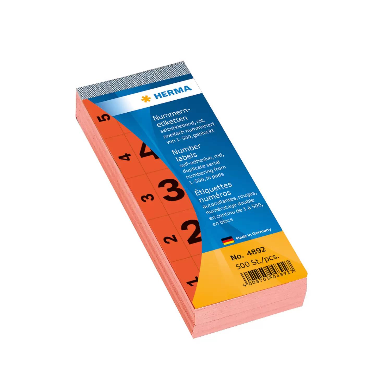 Ein Stapel orangefarbener Nummernaufkleber in einer HERMA-Box, beschriftet mit 1 bis 5 und „Nr. 4892