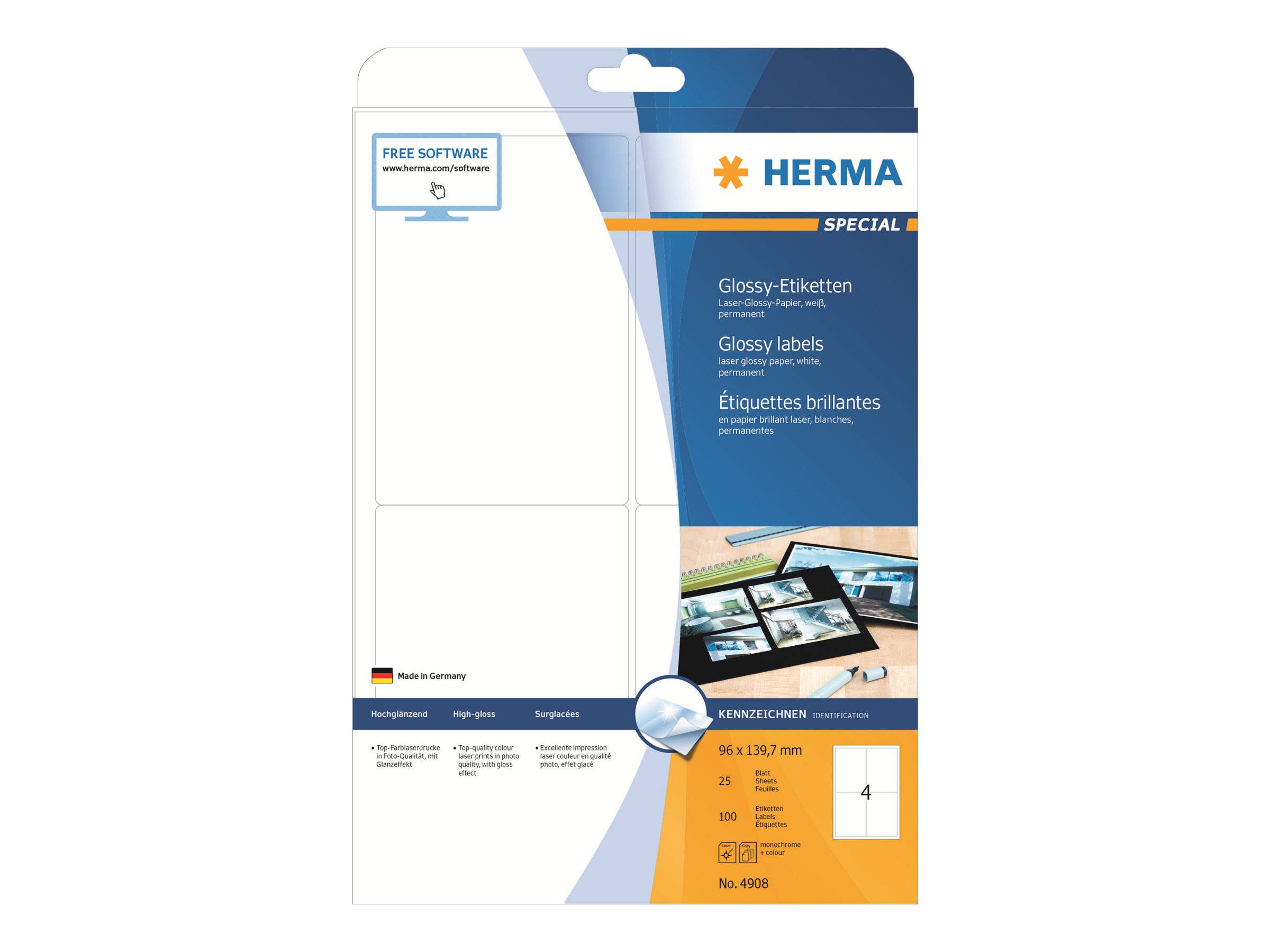 HERMA Special - Papier - hochglänzend - permanent selbstklebend - weiß - 96 x 139.7 mm 100 Etikett(en) (25 Bogen x 4)