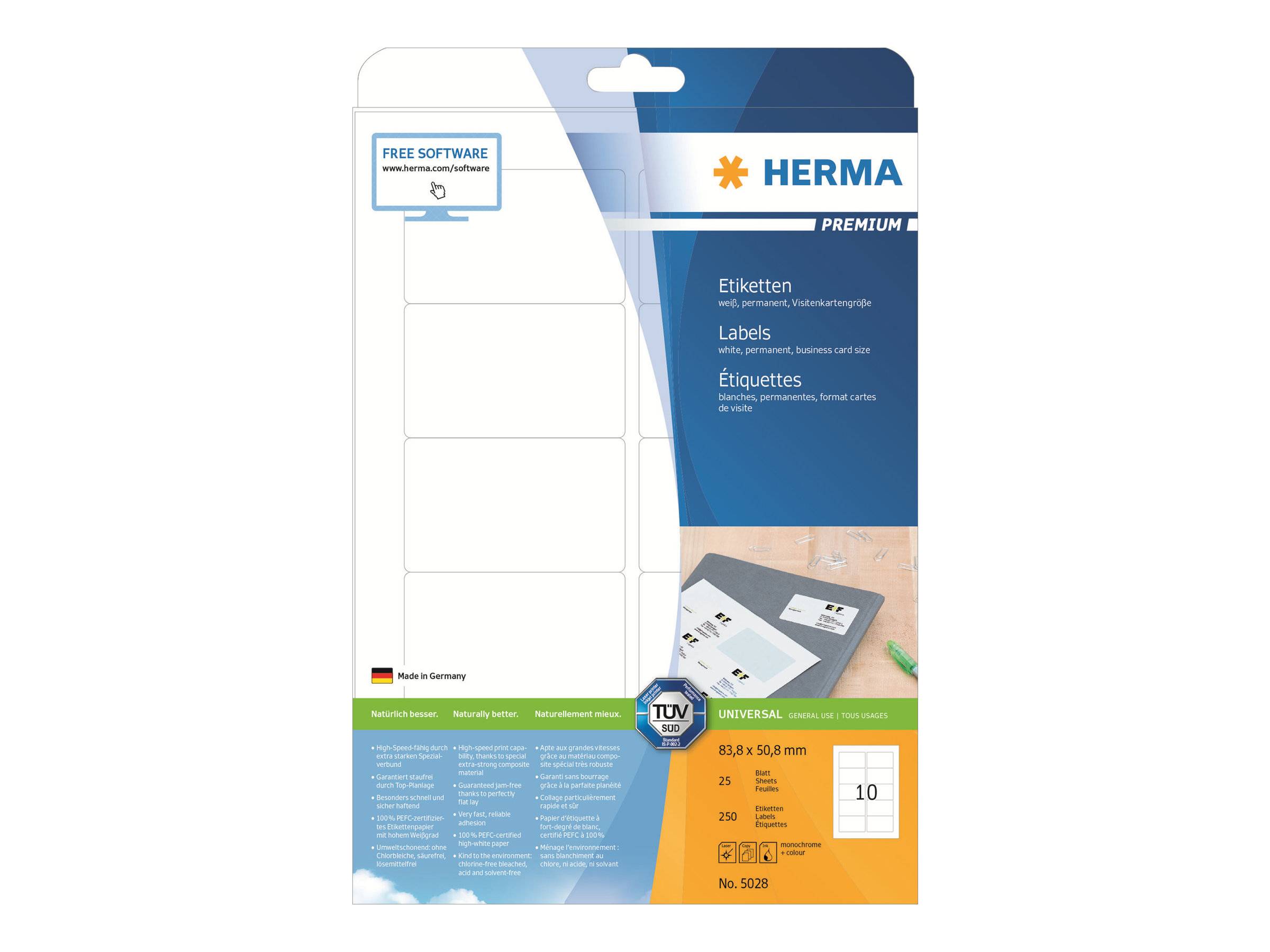 Verpackung für HERMA Premium-Etiketten mit leeren selbstklebenden Etikettenblättern und Produktdetails für 