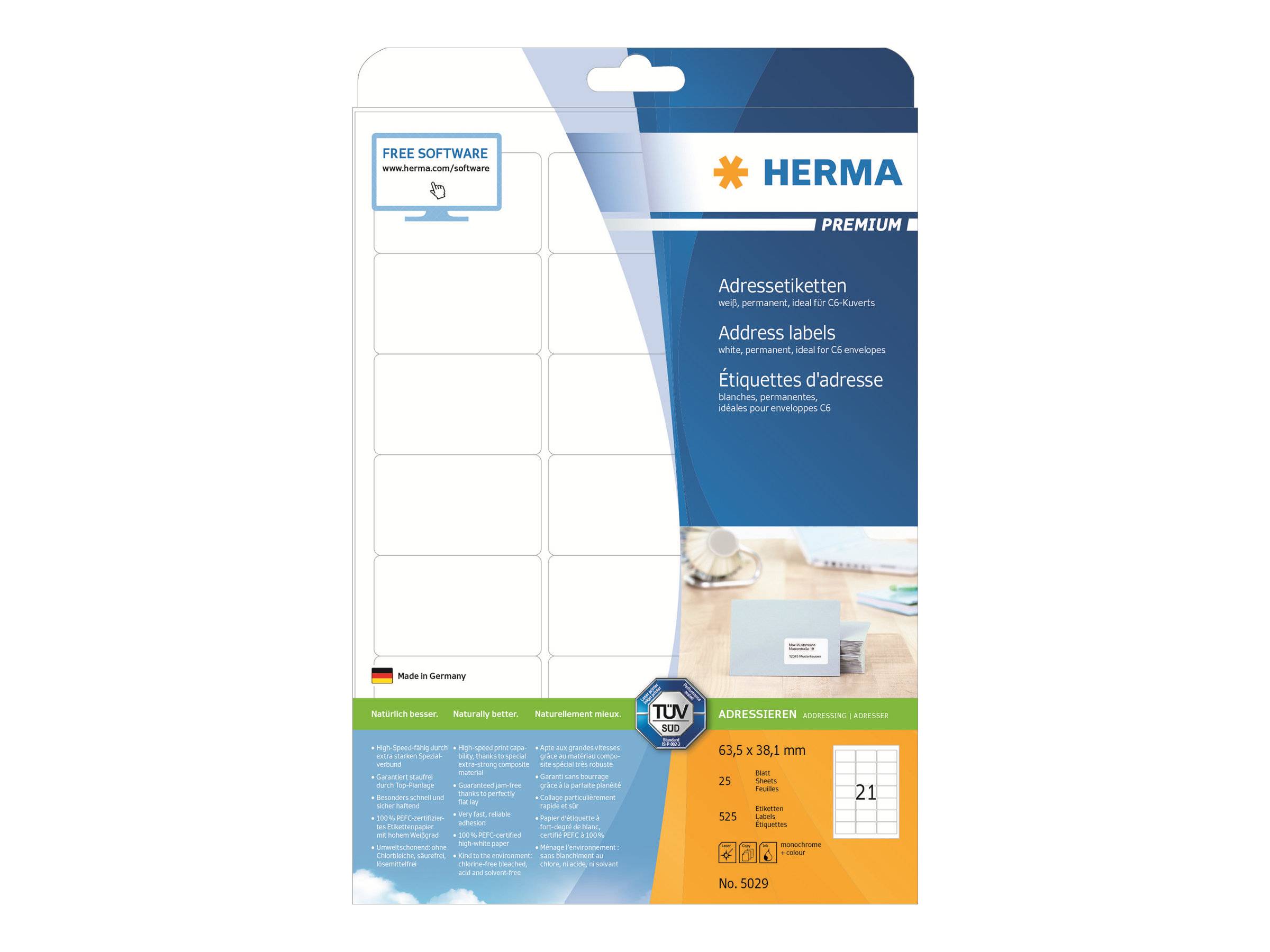 Paket mit HERMA Premium Adressetiketten aus weißen Blankenetikettenbogen und einem Badge für „Kostenlose Software