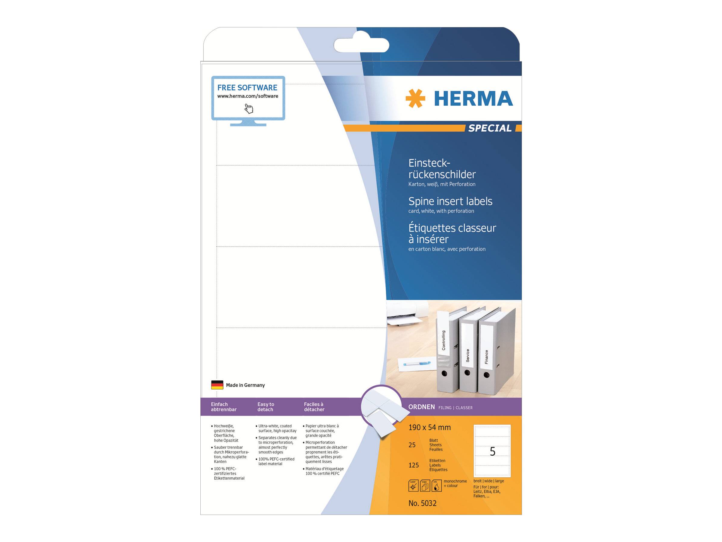 Packung mit HERMA Spezial-Rückenschildern für Ordner, mit Produktvorschau, Etikettengröße 190 x 54 mm und Packungsinhalt 5.