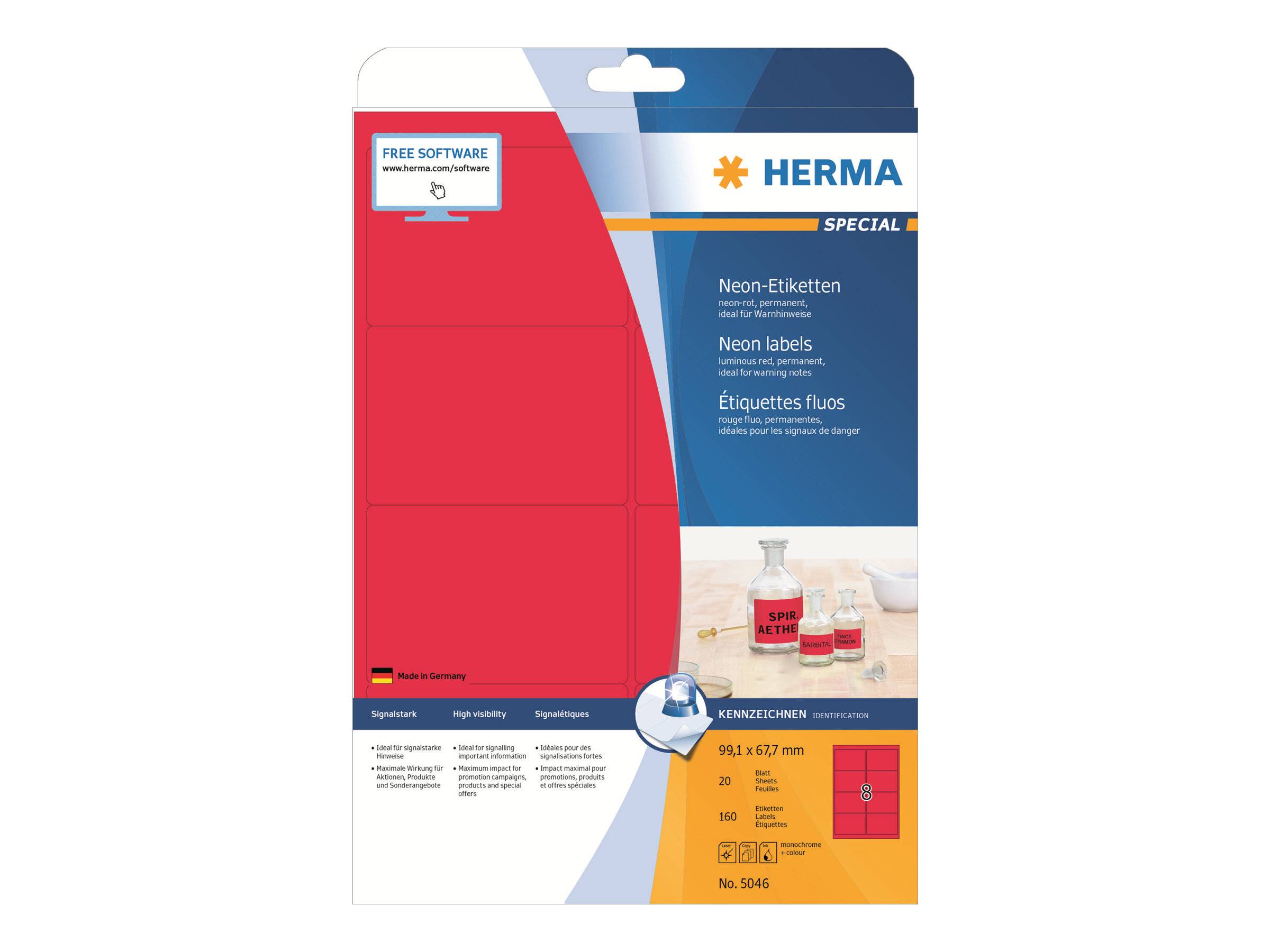 Verpackung für HERMA Spezial-Neonetiketten, mit rotem Blatt, blau-gelber Markengestaltung und Text „Neon-etiketten