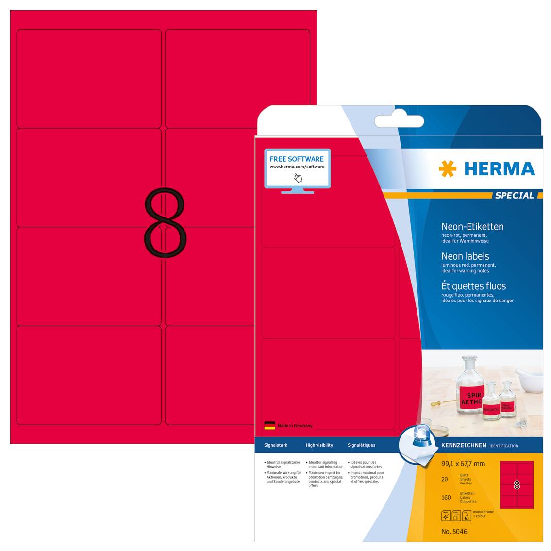 HERMA Special - Papier - matt - permanent selbstklebend - Luminous Red - 99.1 x 67.7 mm 160 Etikett(en) (20 Bogen x 8)
